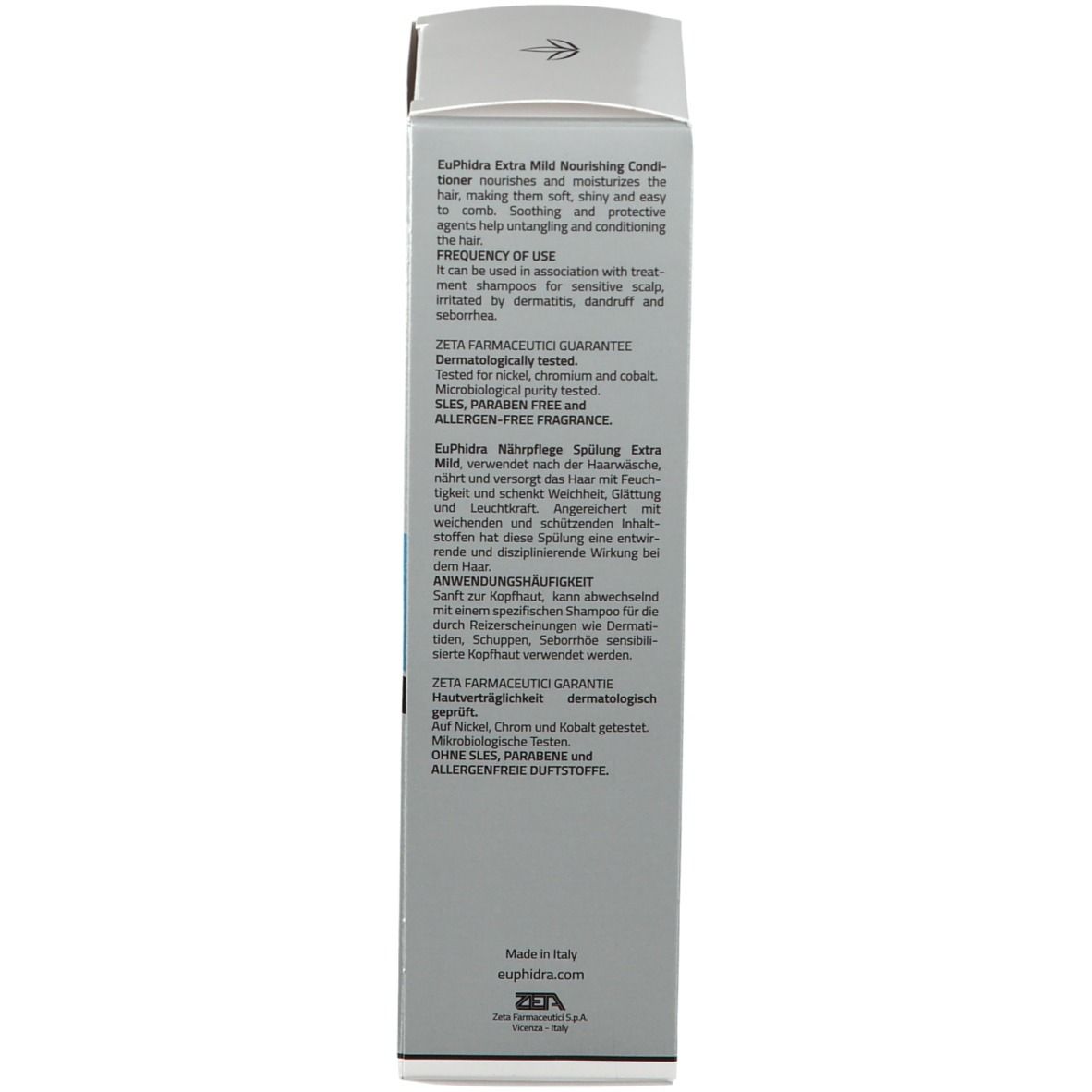 Seite der EuPhidra Pflegespülung-Verpackung. Text in mehreren Sprachen. Informationen zu Inhaltsstoffen und Zertifizierungen.