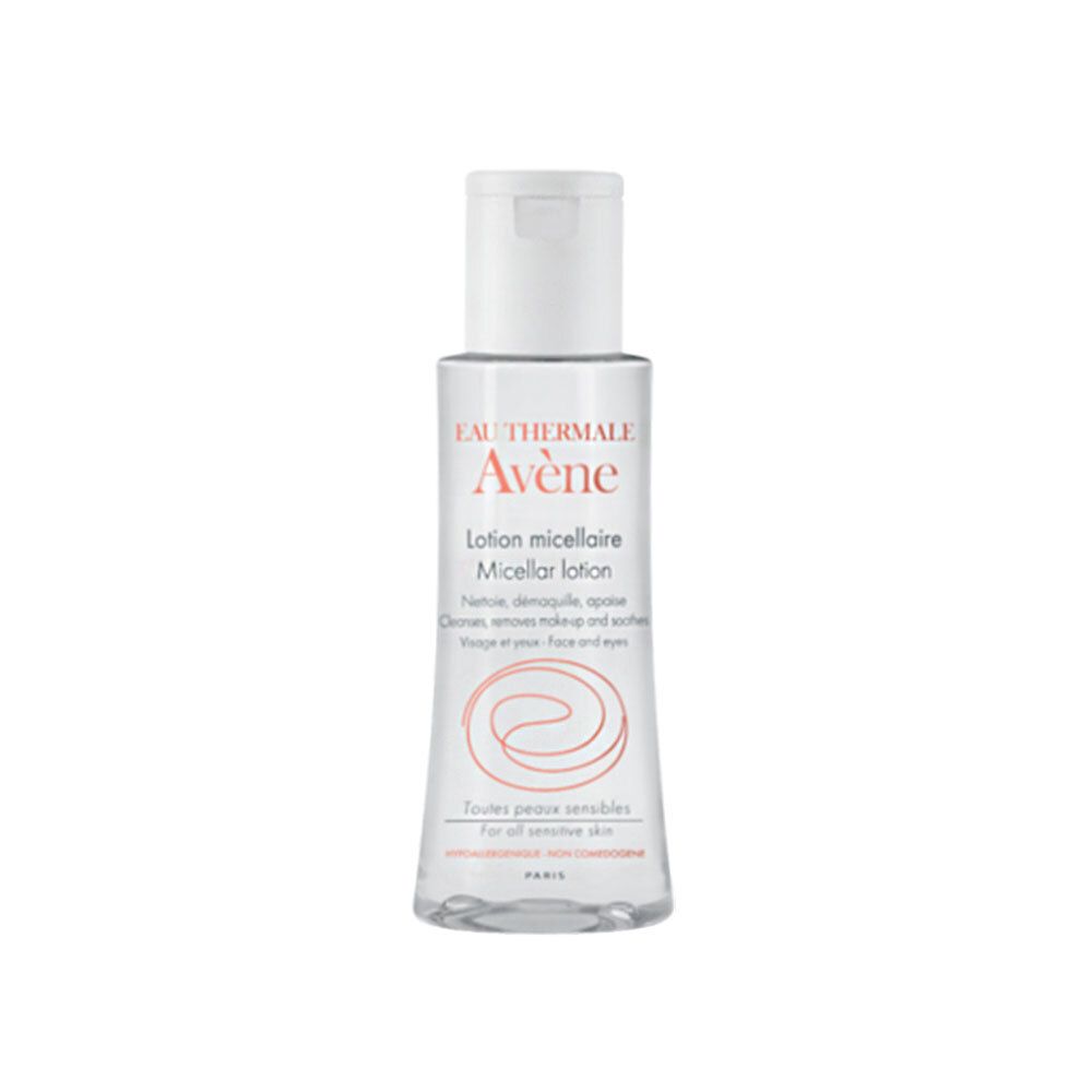 Avène Micellar-Lotion Flasche. Transparentes Flüssigkeit, weißer Deckel. Aufschrift: Eau Thermale Avène, Lotion micellaire.