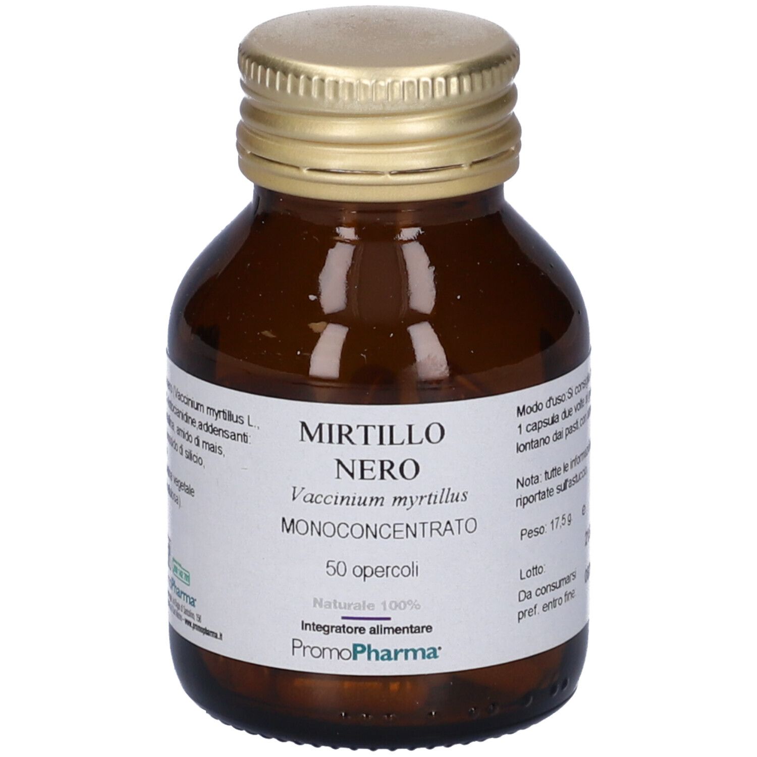 Flacon en verre brun avec couvercle doré. Étiquette avec nom Mirtillo Nero. 50 gélules.