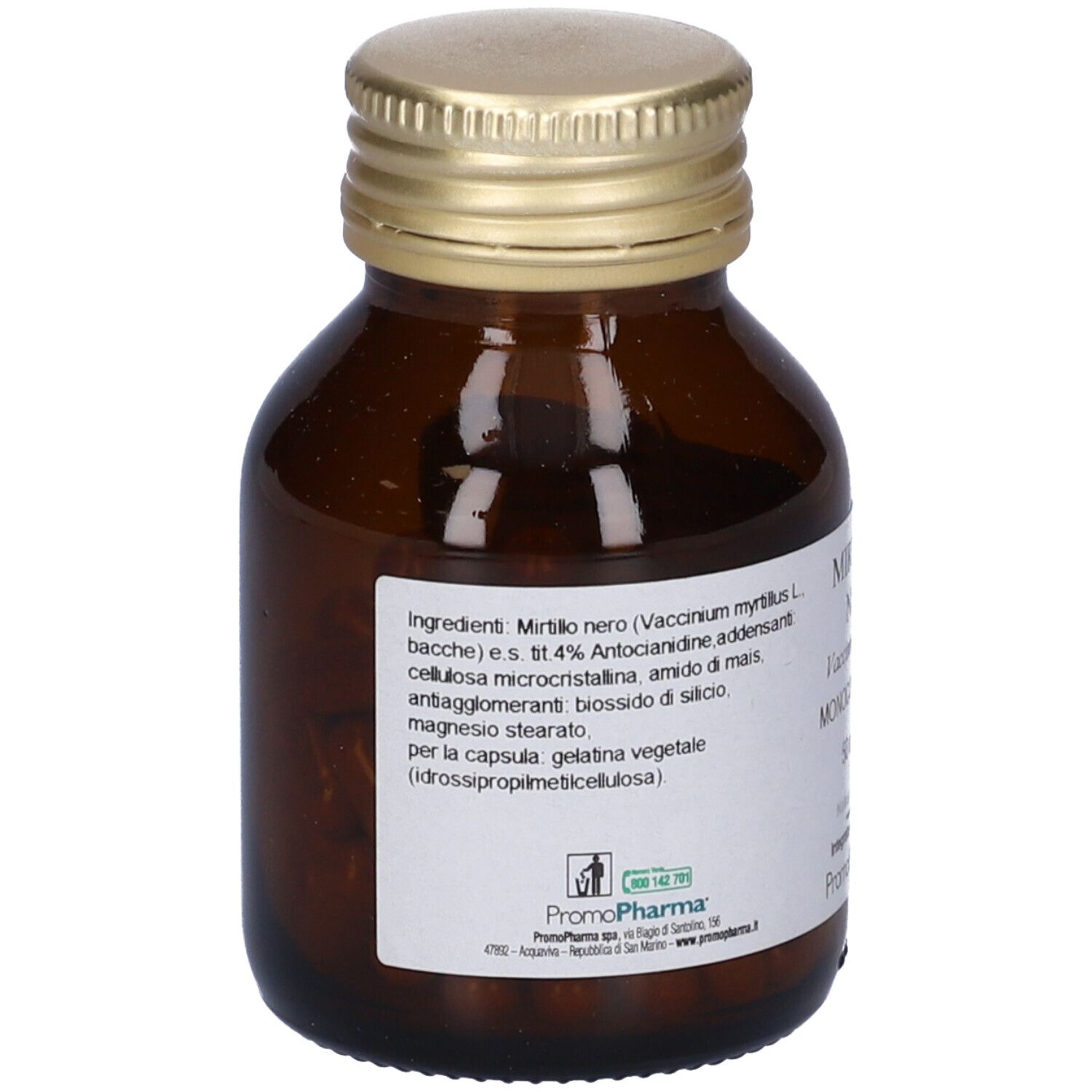 Flacon en verre brun avec couvercle doré. Étiquette avec liste des ingrédients: Mirtillo Nero, cellulose, etc.