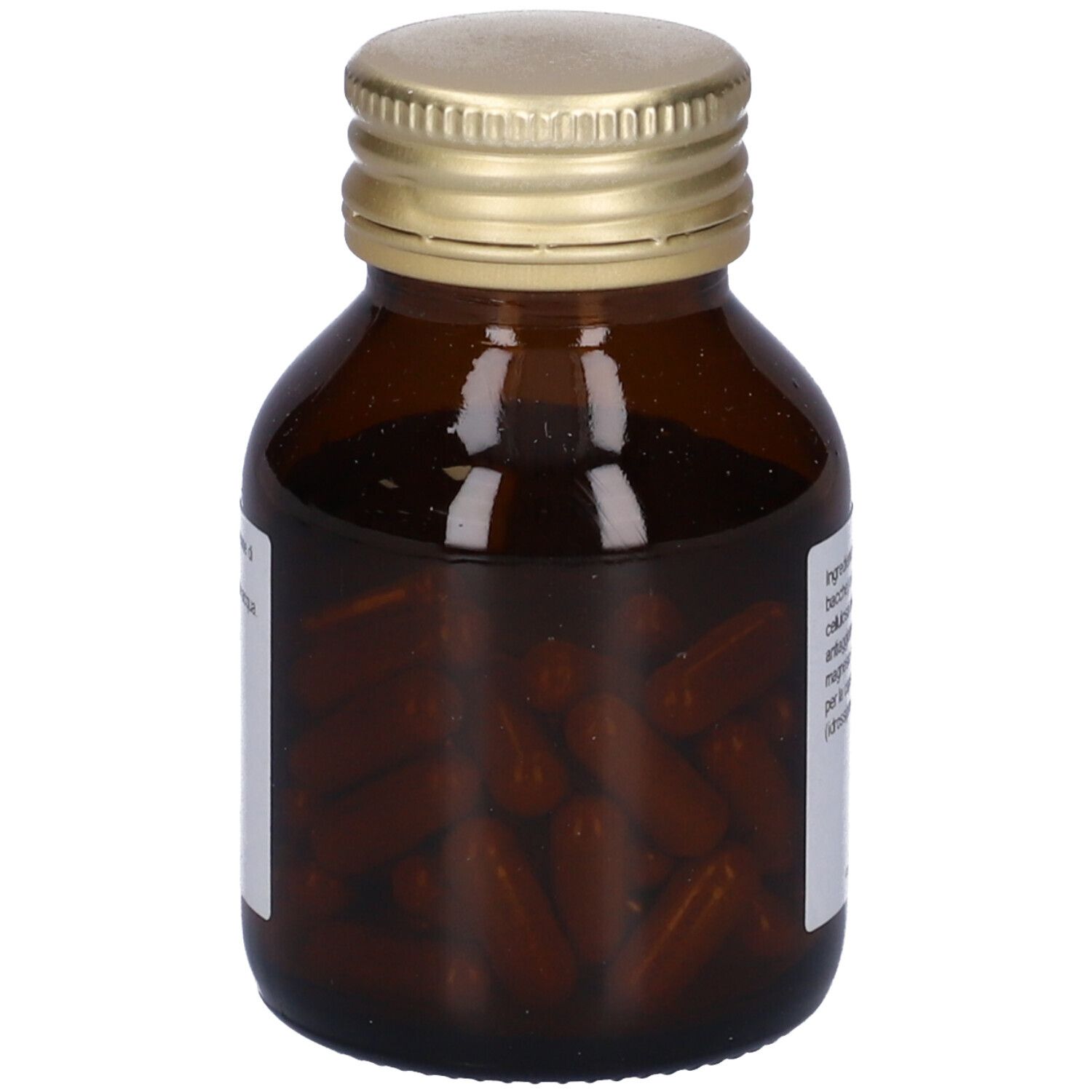 Flacon en verre brun avec couvercle doré. Gélules brunes visibles à l'intérieur.