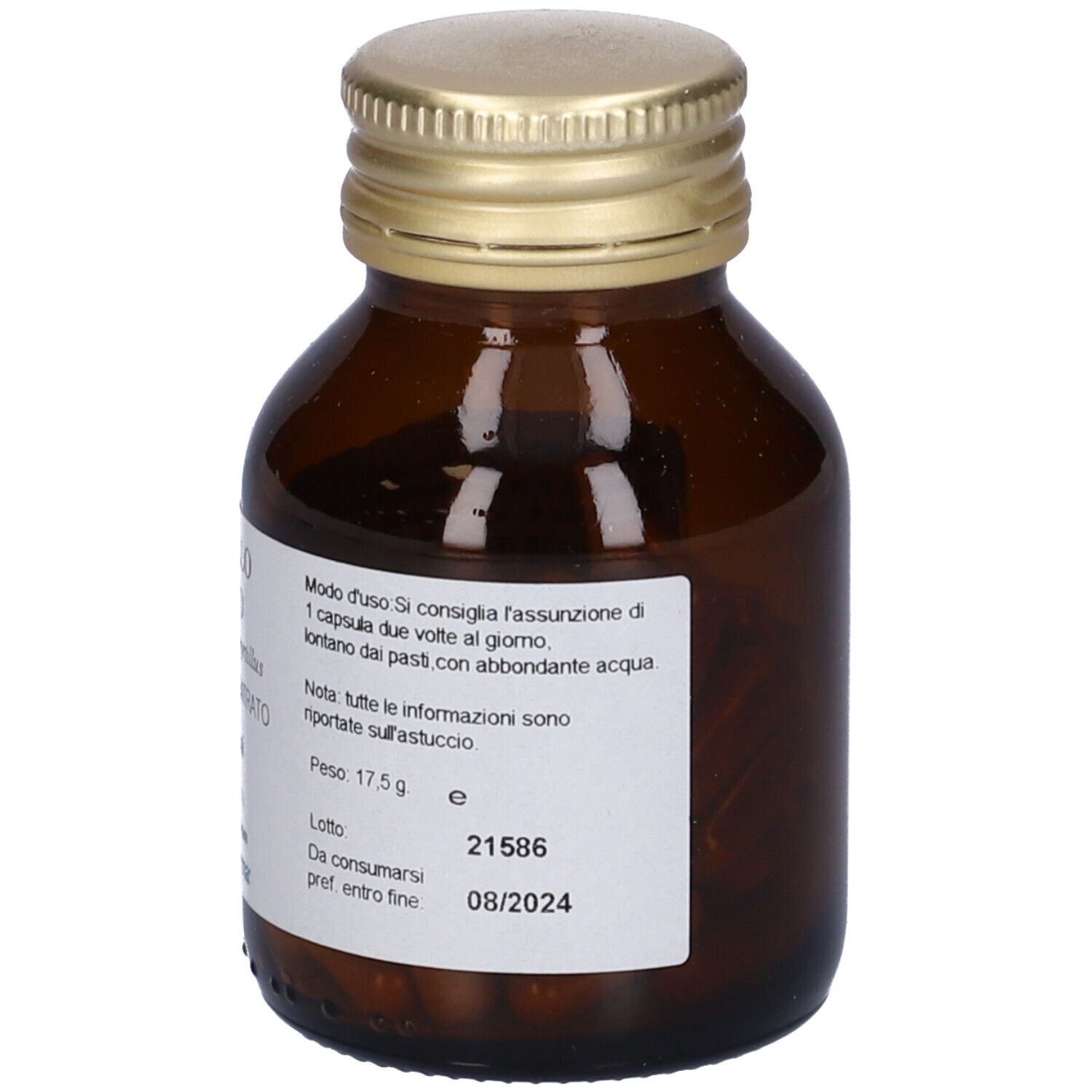 Flacon en verre brun avec couvercle doré. Étiquette avec instructions de dosage et date d'expiration 08/2024.