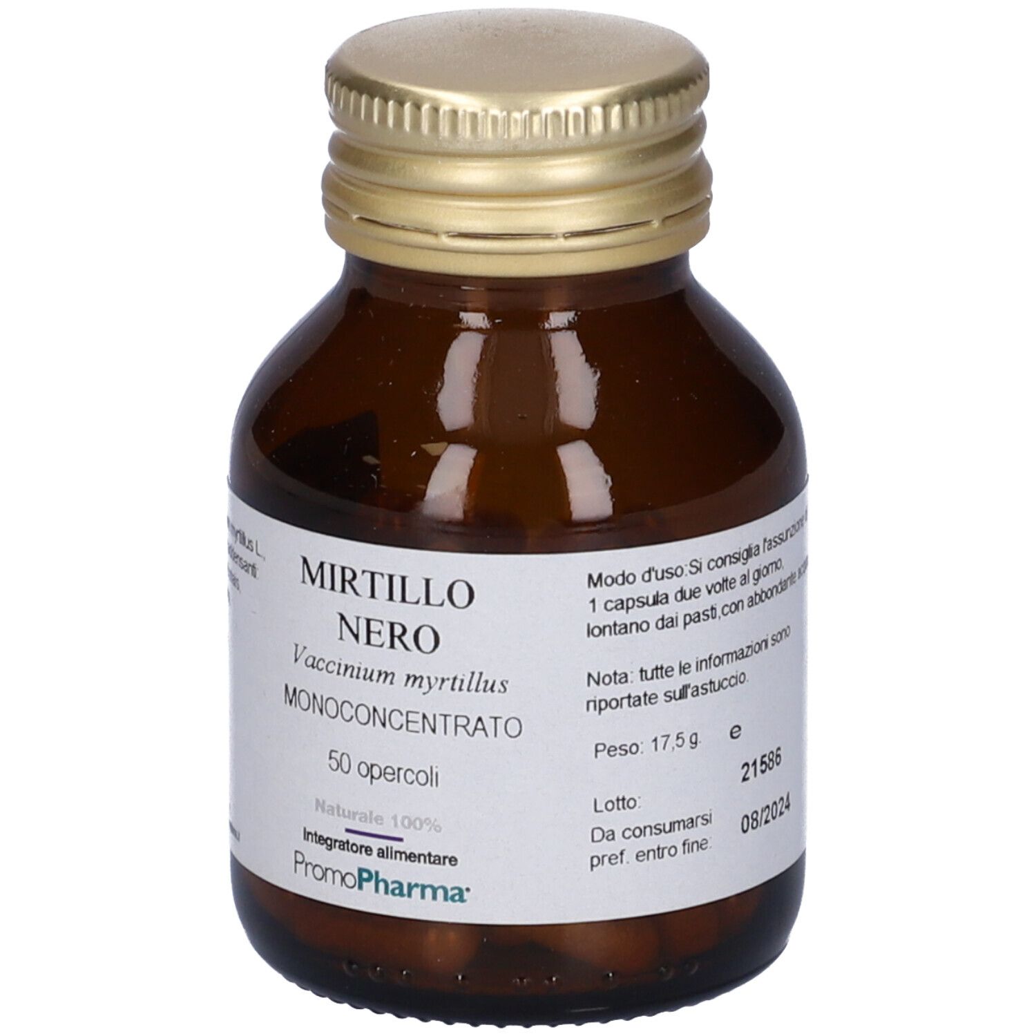 Flacon en verre brun avec couvercle doré. Étiquette avec nom Mirtillo Nero. 50 gélules.