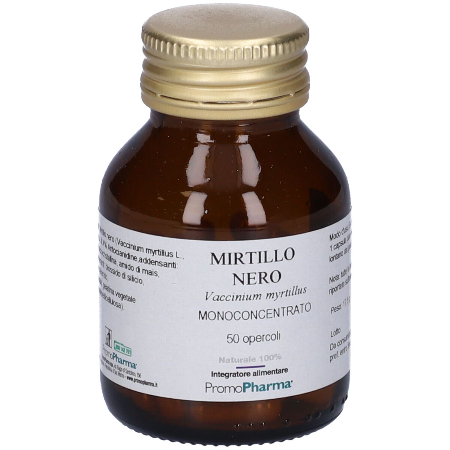 Flacon en verre brun avec couvercle doré. Étiquette avec nom Mirtillo Nero et ingrédients.