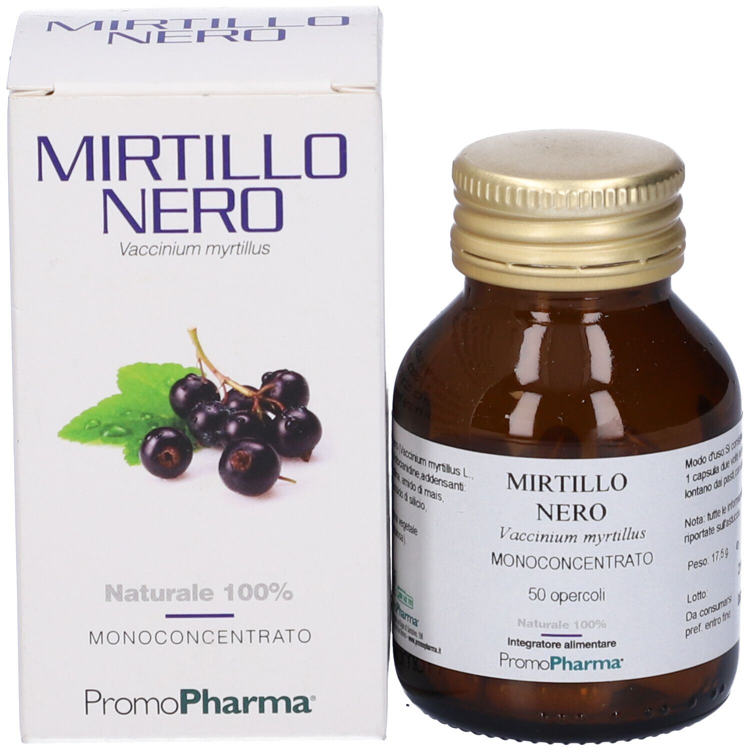 Emballage du produit: boîte et flacon. Boîte avec Mirtillo Nero, illustration de myrtilles. Flacon à côté.