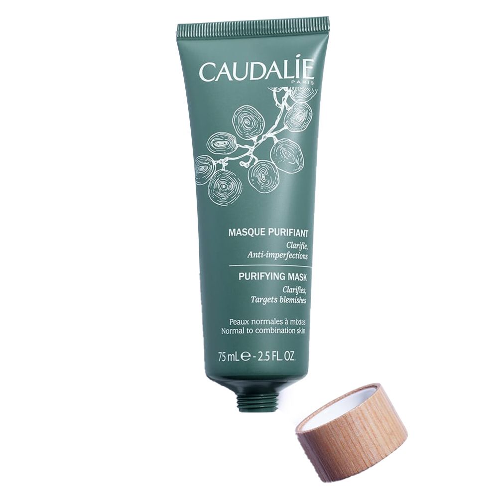 Grüne Tube mit weißer Aufschrift CAUDALIE. Deckel daneben. Aufschrift: Masque Purifiant, Purifying Mask, 75 ml.