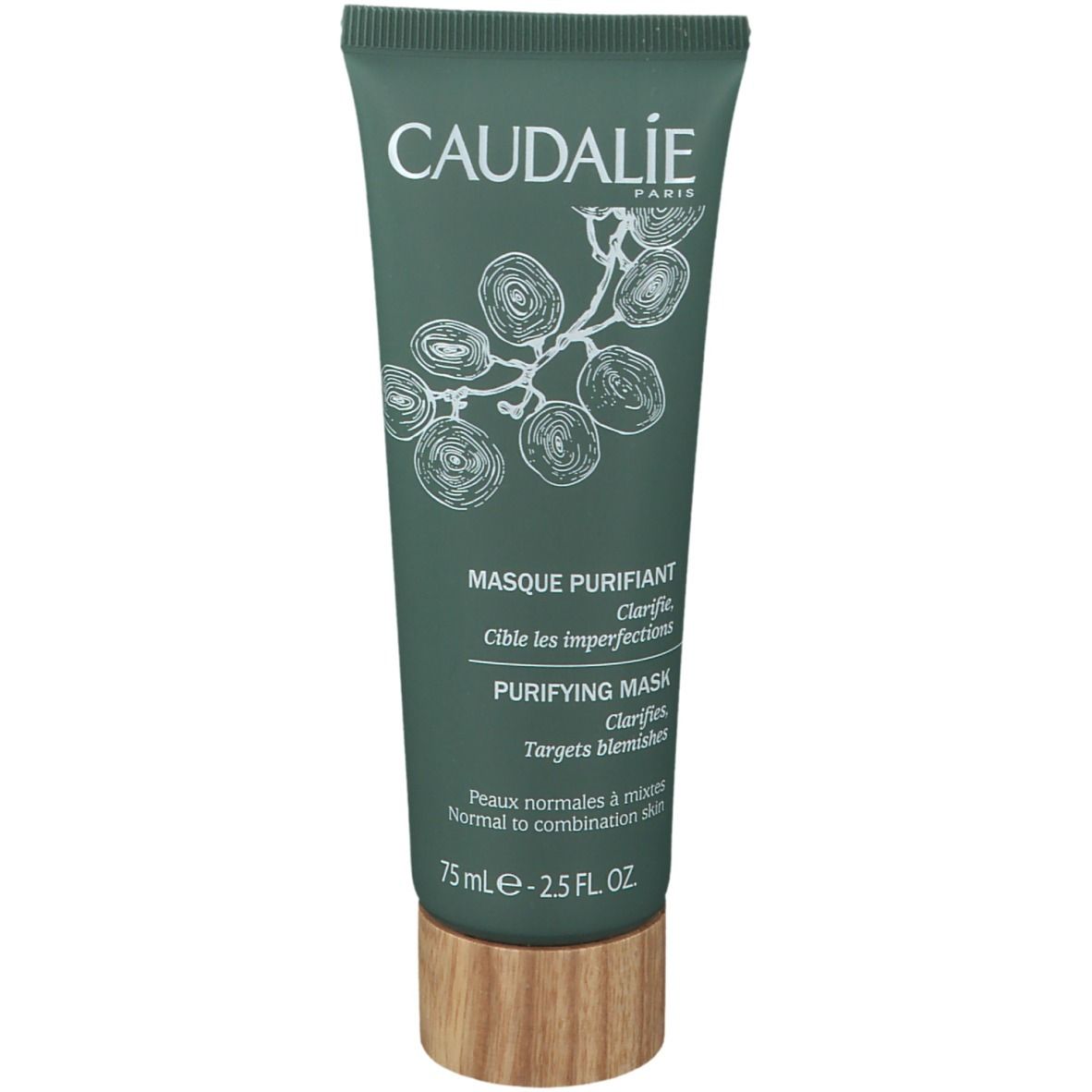 Grüne Tube mit weißer Aufschrift CAUDALIE. Aufschrift: Masque Purifiant, Purifying Mask, 75 ml. Holzfarbener Deckel.