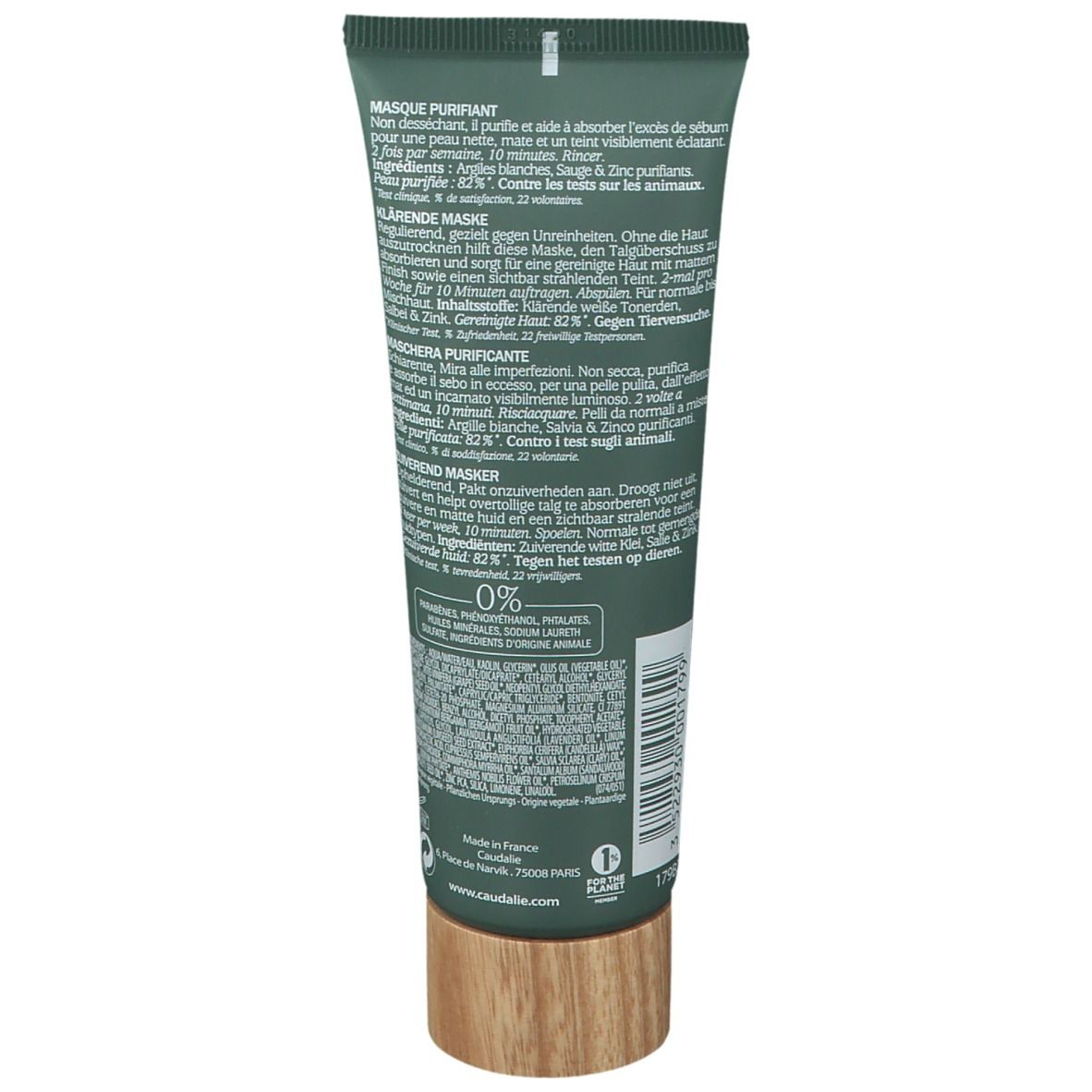 Rückseite der grünen Tube. Text und Inhaltsstoffe. Holzfarbener Deckel.