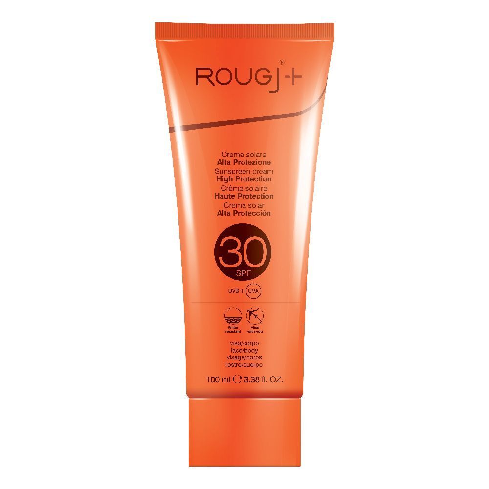 Orange Tube mit Rougj+ Sonnenschutz SPF 30. Text: Crème solaire, Alta Protezione, Sunscreen cream, High Protection. Mit SPF 30.