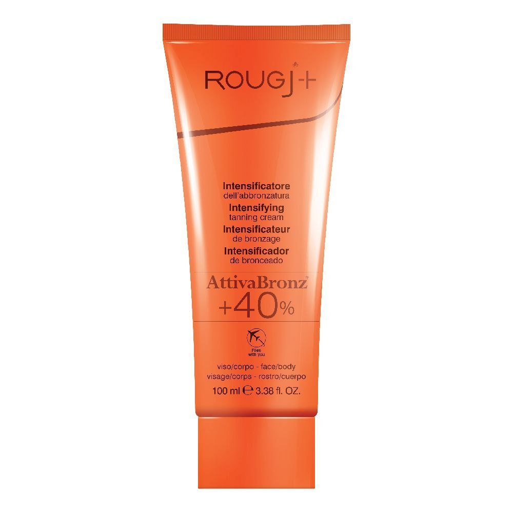 Orange Tube mit Produktnamen und Text. AttivaBronz +40% Schriftzug. Gesicht/Körper. 100 ml.