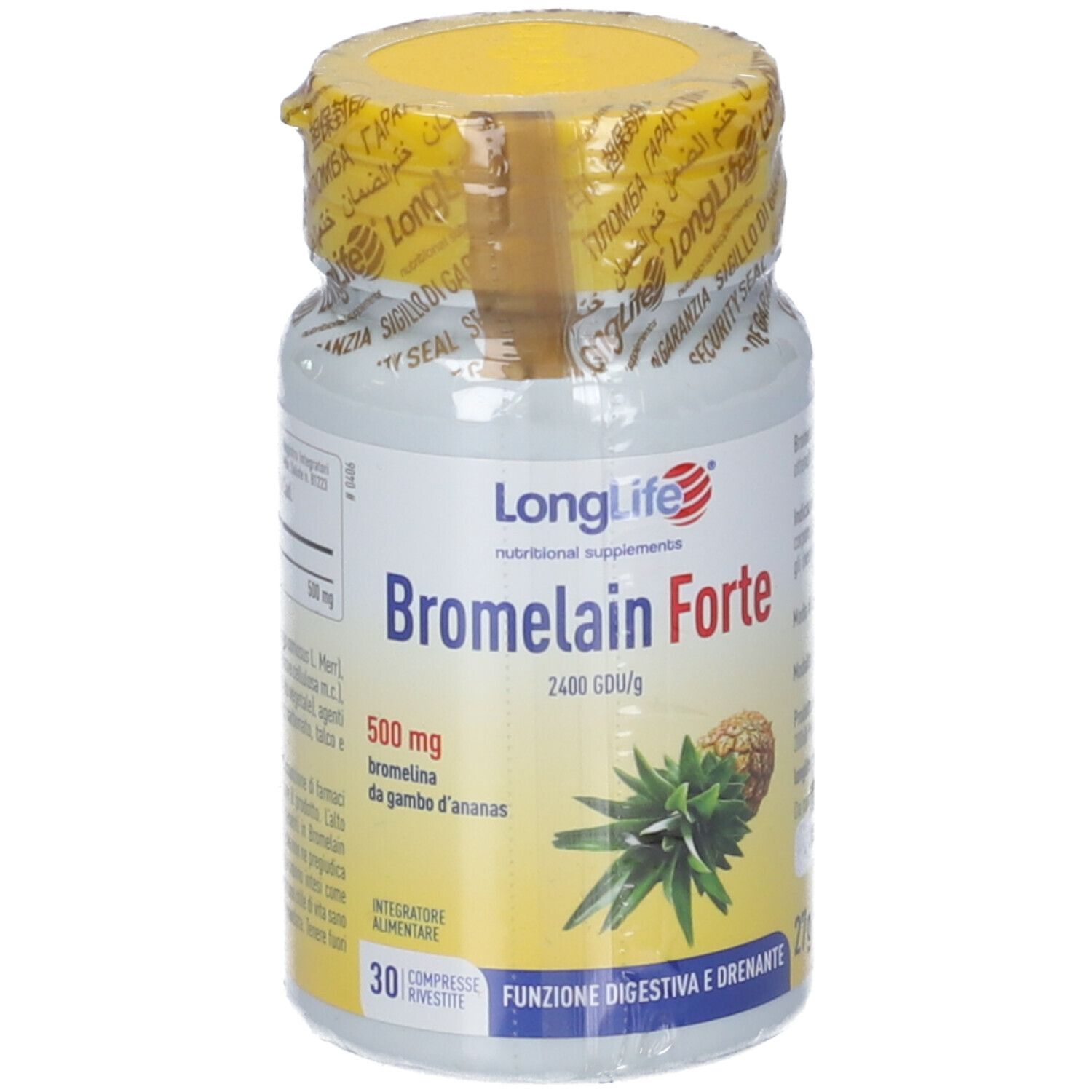 Flasche LongLife Bromelain Forte, 500 mg, 2400 GDU/g, 30 Tabletten.