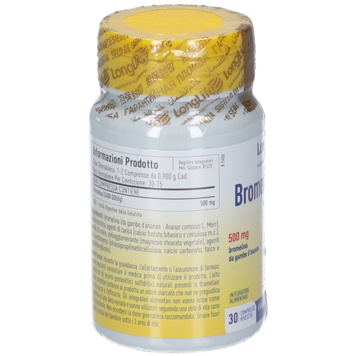 LongLife Bromelain 500 mg Nahrungsergänzungsmittel in einem Braunglasbehälter.