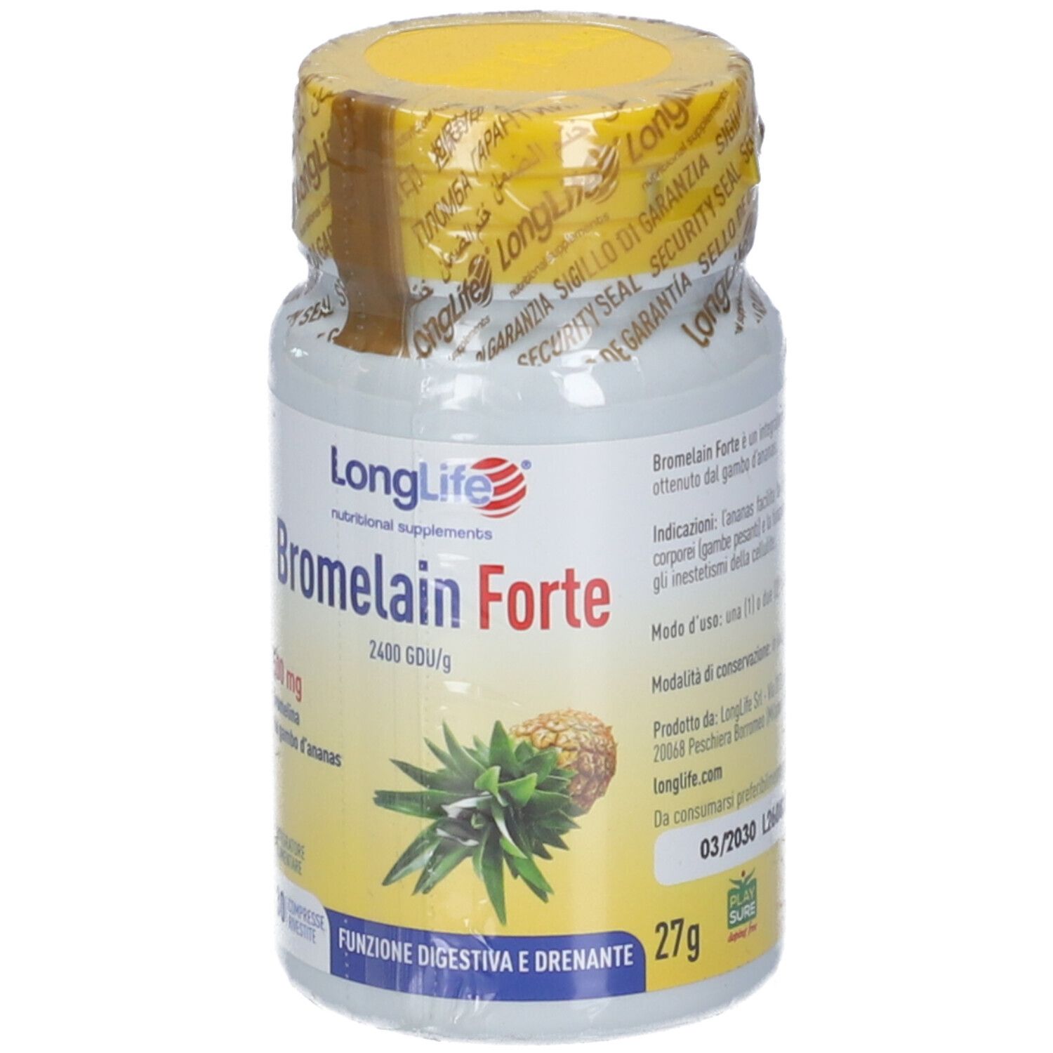 LongLife Bromelain Forte Nahrungsergänzungsmittel in einem Behälter.