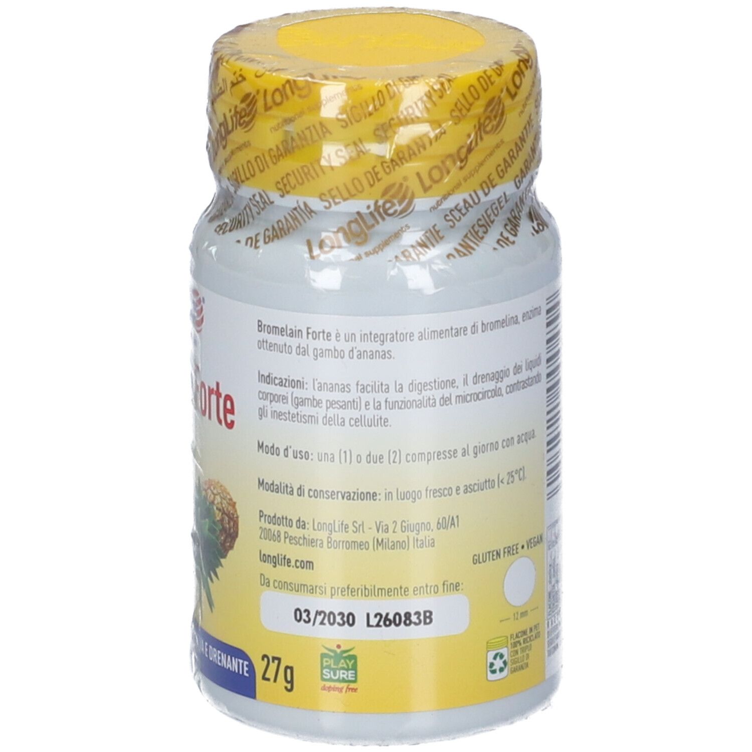 Verpackung eines Nahrungsergänzungsmittels mit Ananas-Abbildung und Text.