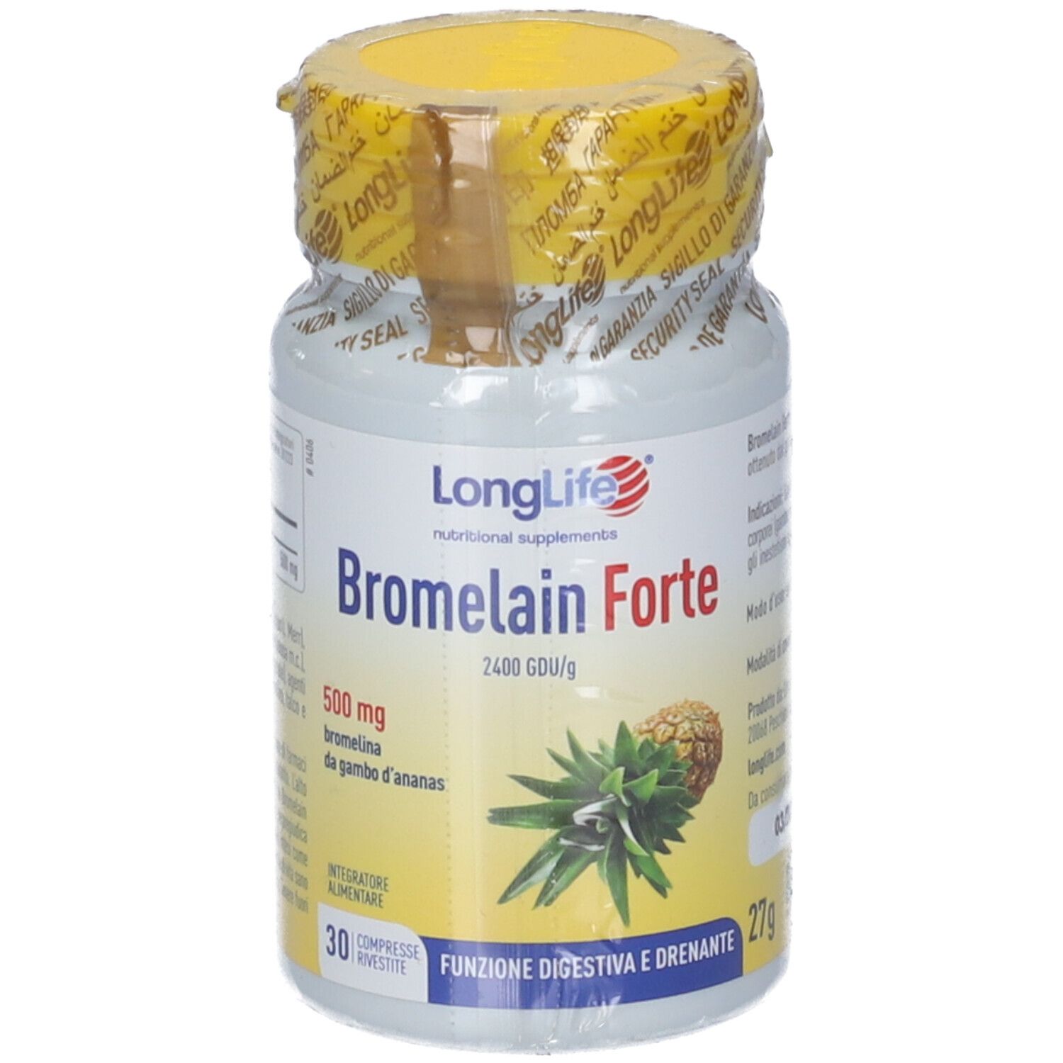 Flasche LongLife Bromelain Forte Nahrungsergänzungsmittel, 30 Kapseln.