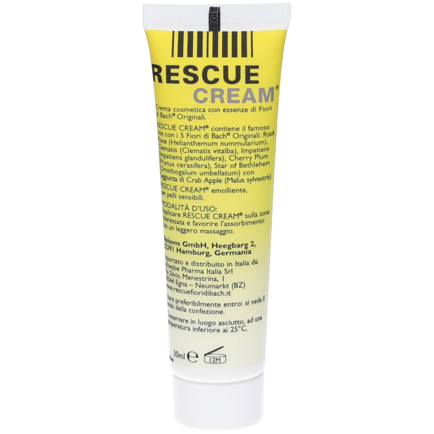 Dos du tube jaune. Texte en italien. Code-barres en haut. Inscription: Rescue Cream. 30ml.