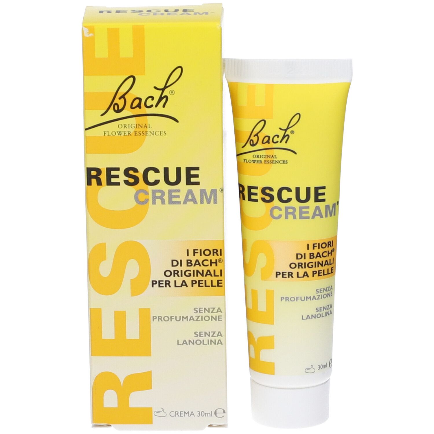 Boîte et tube jaunes. Inscription: Bach Rescue Cream. Texte en allemand et italien. Sans parfum ni lanoline. 30ml.