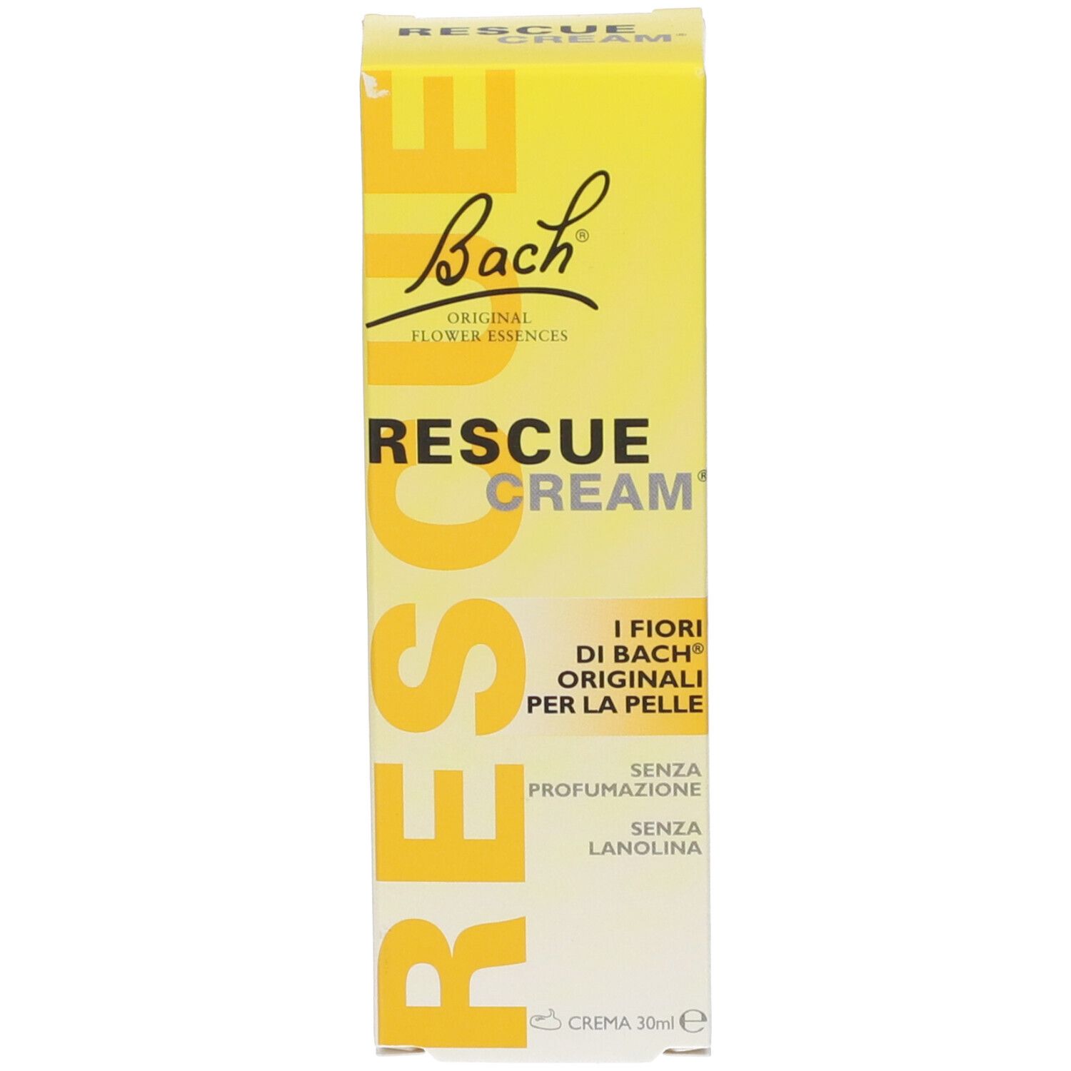 Boîte jaune. Inscription: Bach Rescue Cream. Texte en allemand et italien. Sans parfum ni lanoline. 30ml.