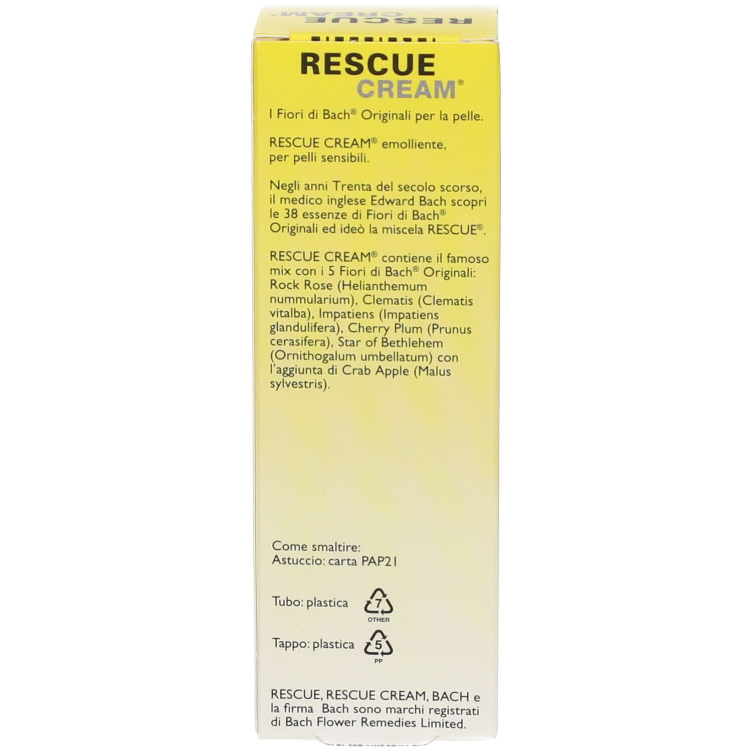 Dos de la boîte jaune. Texte en italien. Inscription: Rescue Cream. Informations sur les ingrédients et l'élimination.