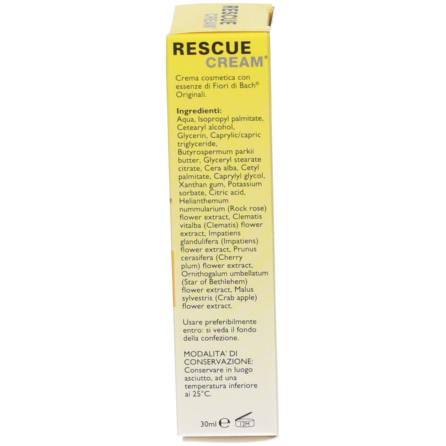 Côté de la boîte jaune. Texte en italien. Inscription: Rescue Cream. Liste des ingrédients et instructions de stockage.