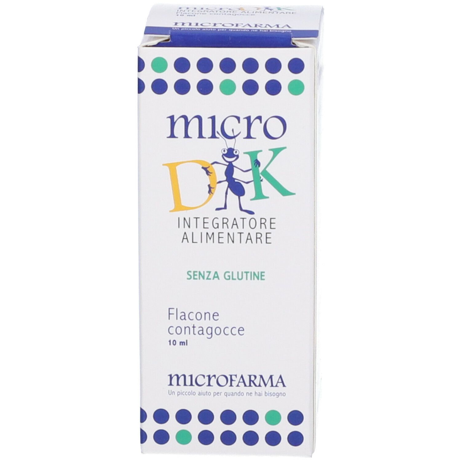 Karton mit Produktaufdruck: micro Dk, Nahrungsergänzungsmittel. Blaue und weiße Verpackung.