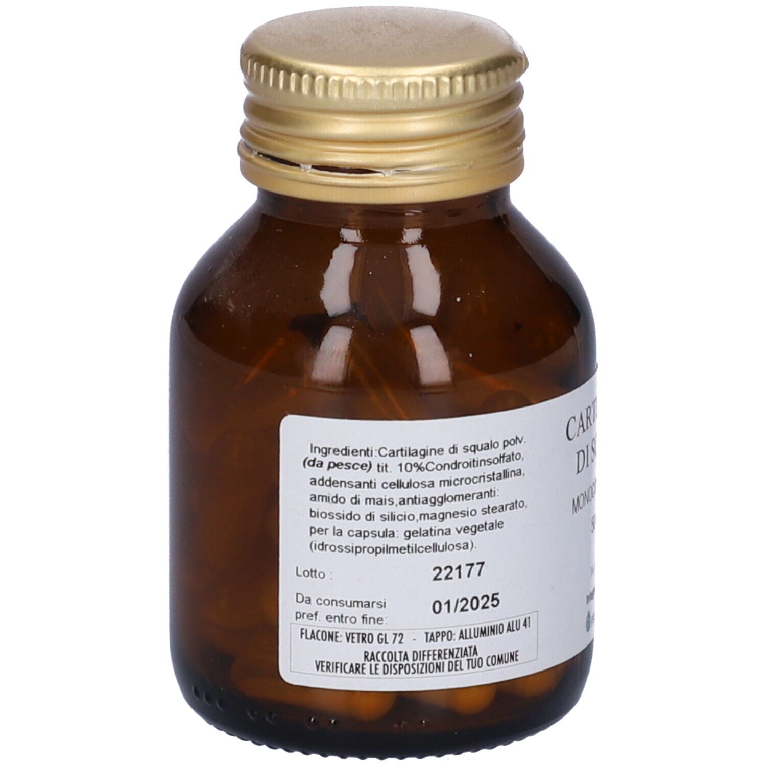 Braune Glasflasche mit goldfarbenem Deckel. Rückseite mit Etikett, Inhaltsstoffe und Herstellerinformationen.