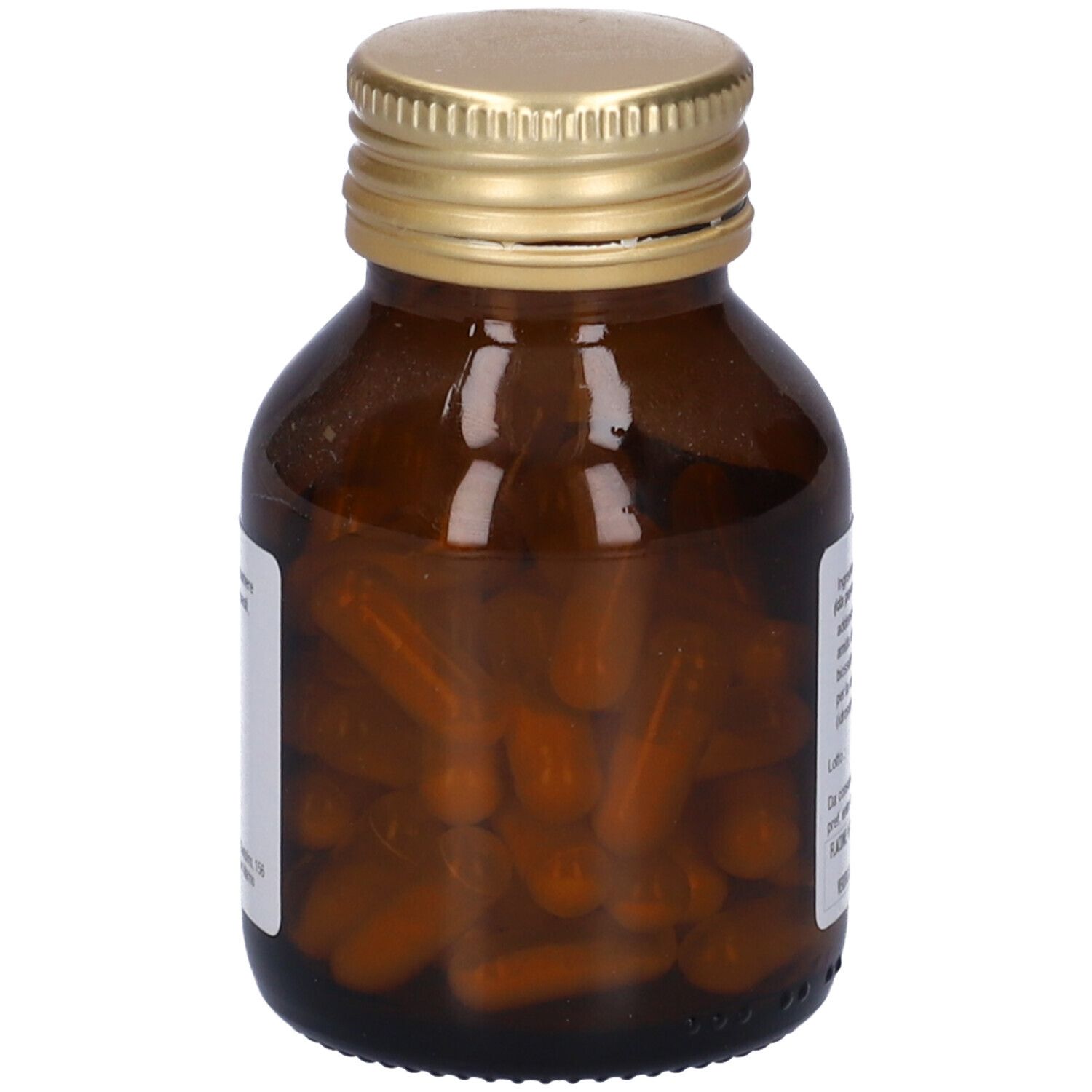 Braune Glasflasche mit goldfarbenem Deckel. Kapseln im Inneren sichtbar. Produktname nicht erkennbar.