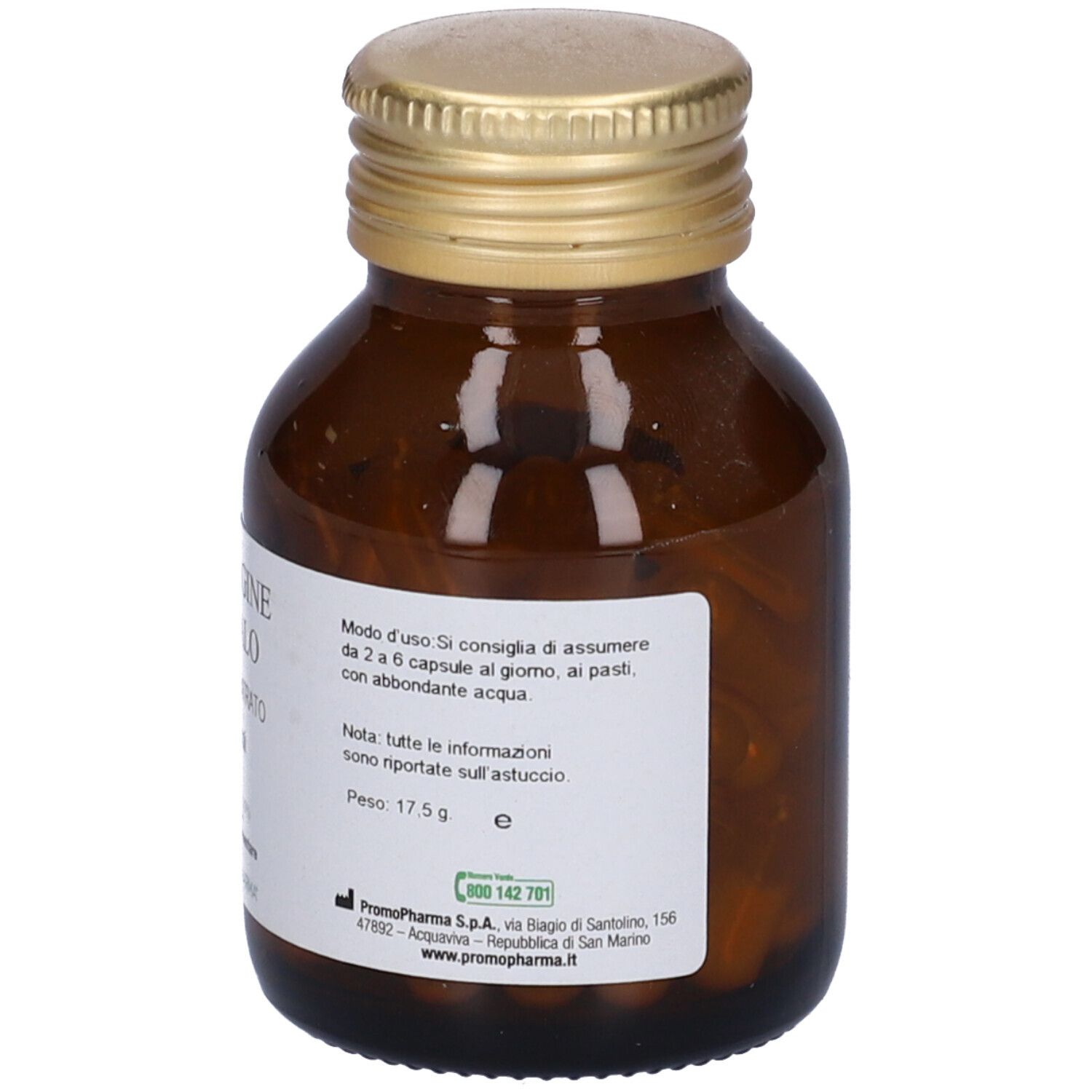 Braune Glasflasche mit goldfarbenem Deckel. Etikett mit Dosierungshinweisen und Herstellerinformationen.