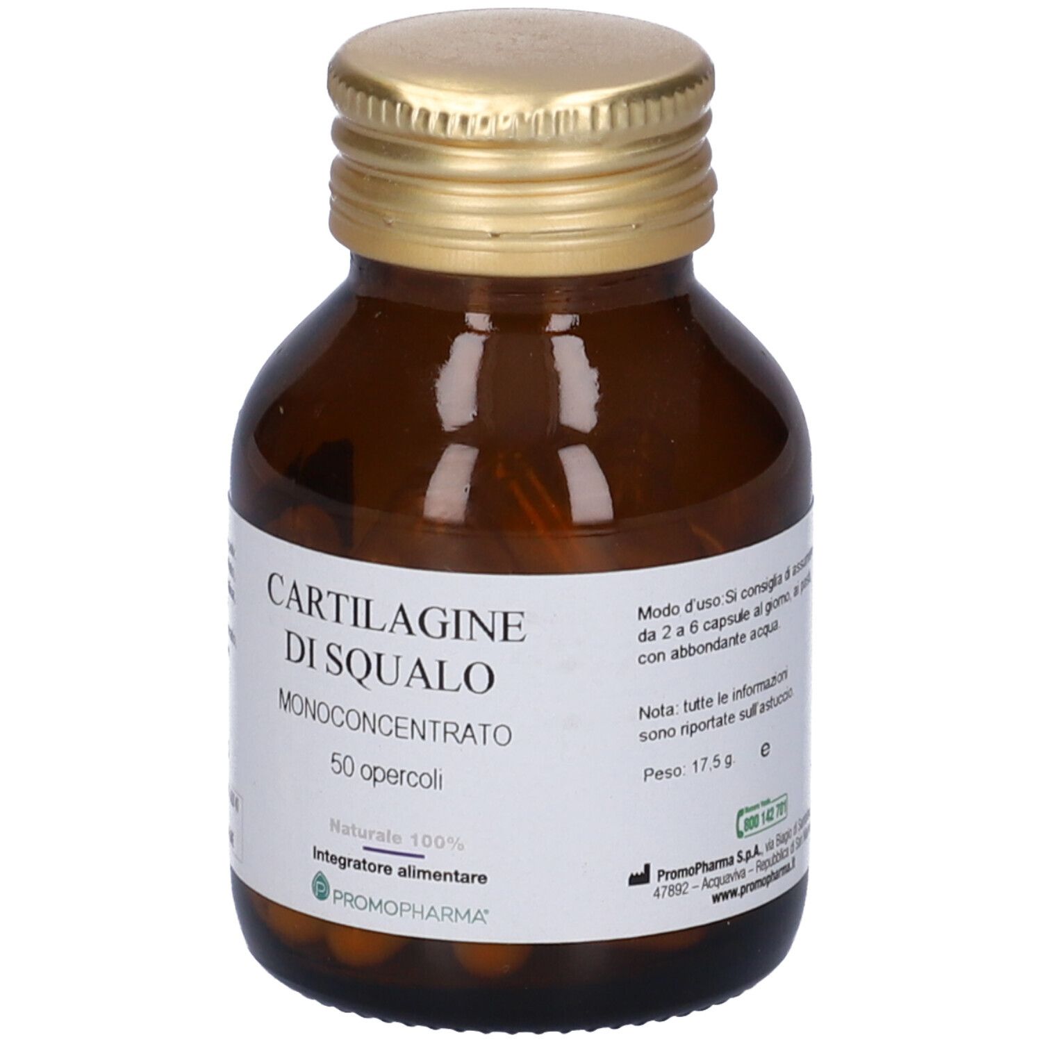 Braune Glasflasche mit goldfarbenem Deckel. Etikett mit Produktbezeichnung und Marke PromoPharma. Kapseln sichtbar.