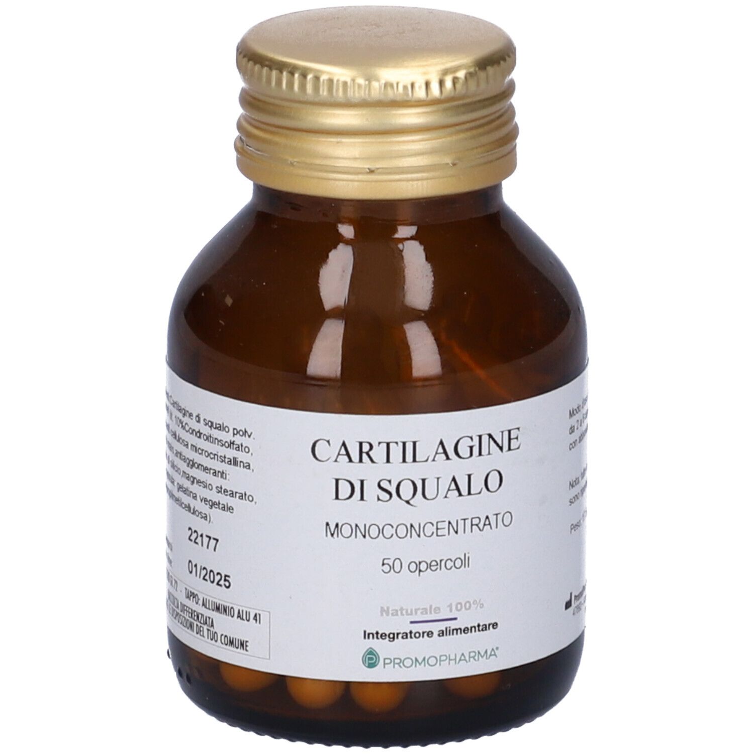 Braune Glasflasche mit goldfarbenem Deckel. Etikett mit Produktbezeichnung und Marke PromoPharma. Kapseln sichtbar.