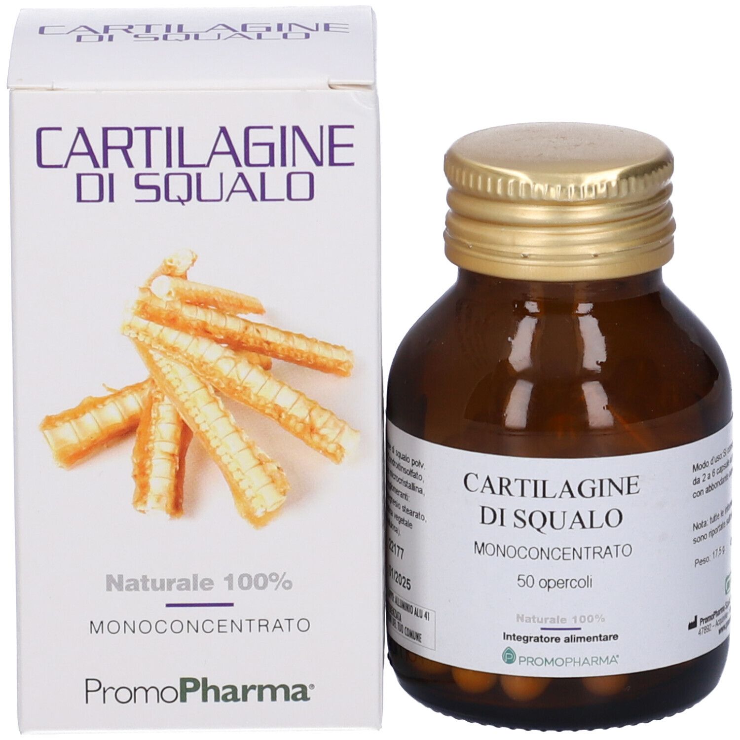 Produktflasche und Schachtel. Schachtel mit Produktname und Marke PromoPharma. Flasche mit Kapseln.