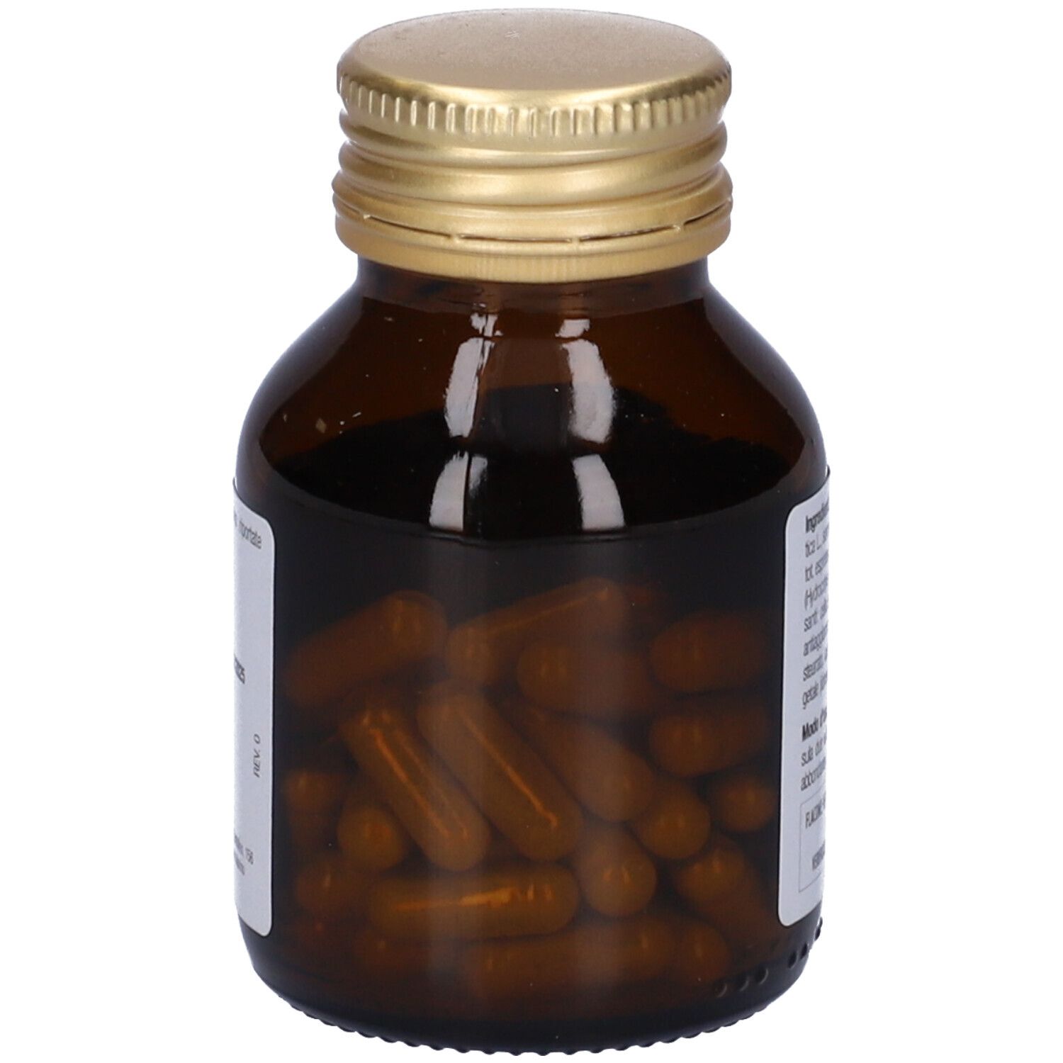 Flacon en verre brun avec bouchon doré, rempli de gélules brunes. Marque PromoPharma.