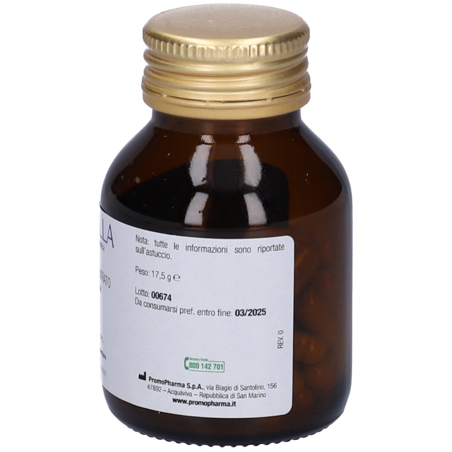 Flacon en verre brun avec bouchon doré. Étiquette avec informations produit, numéro de lot et date de péremption. Marque PromoPharma.