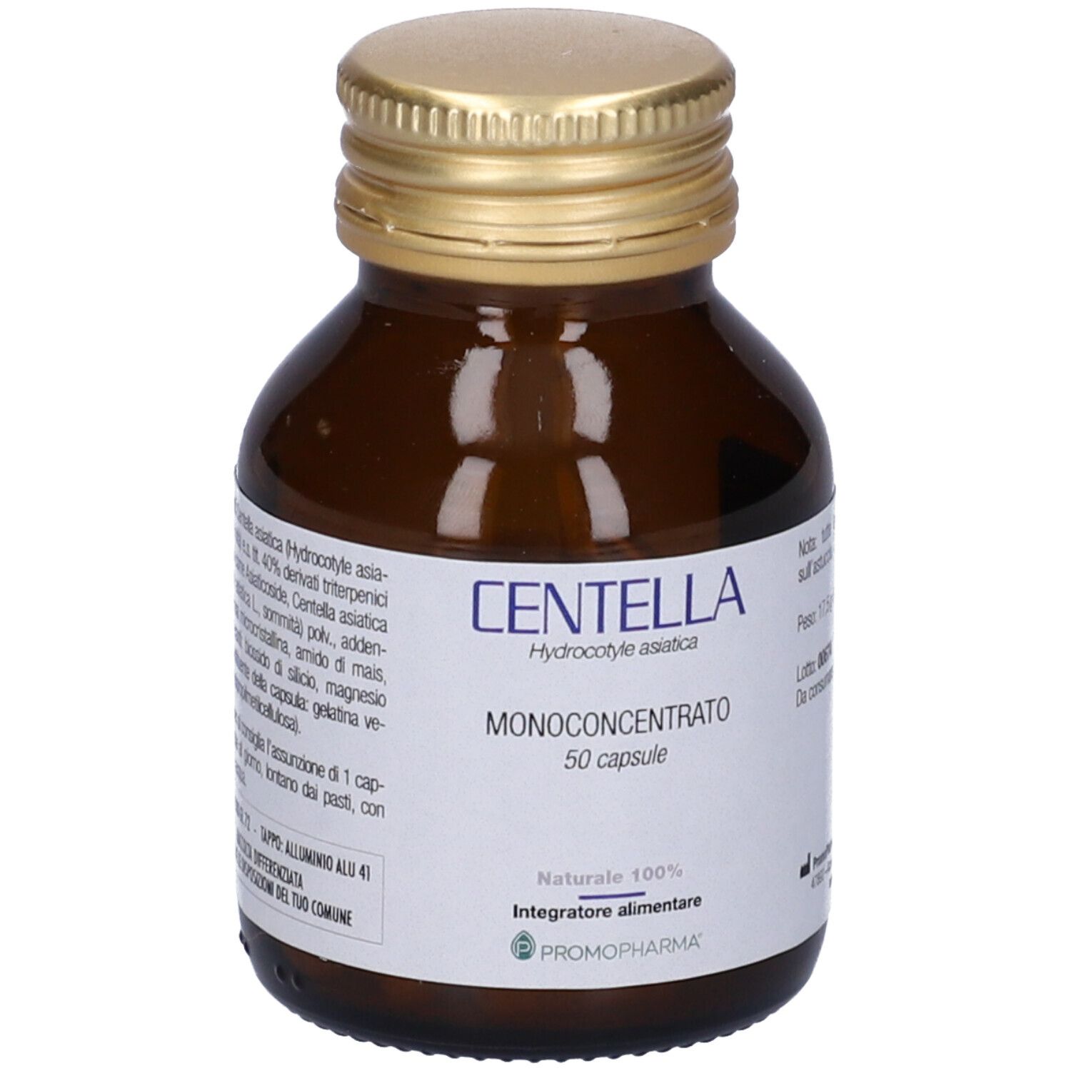 Flacon en verre brun avec bouchon doré. Étiquette avec Centella, Monoconcentré, 50 gélules. Marque PromoPharma.