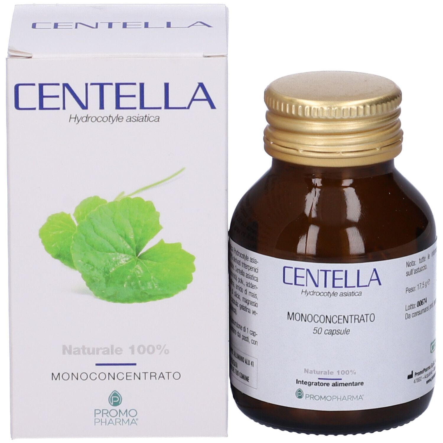 Emballage du produit : flacon et boîte. Flacon : brun, bouchon doré, étiquette. Boîte : blanche, nom du produit Centella, feuilles.