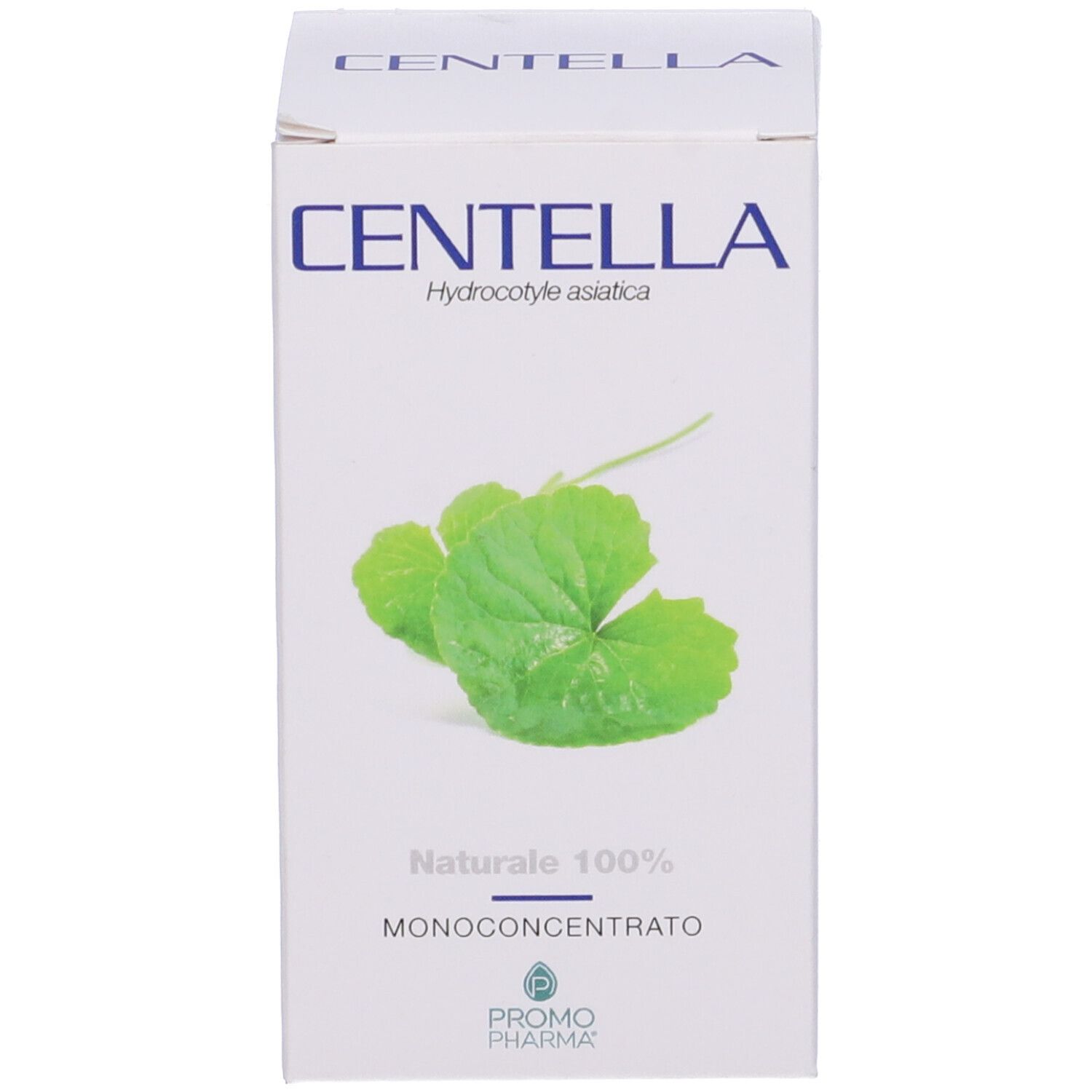Boîte blanche avec nom du produit Centella et illustration de feuilles. Marque PromoPharma.