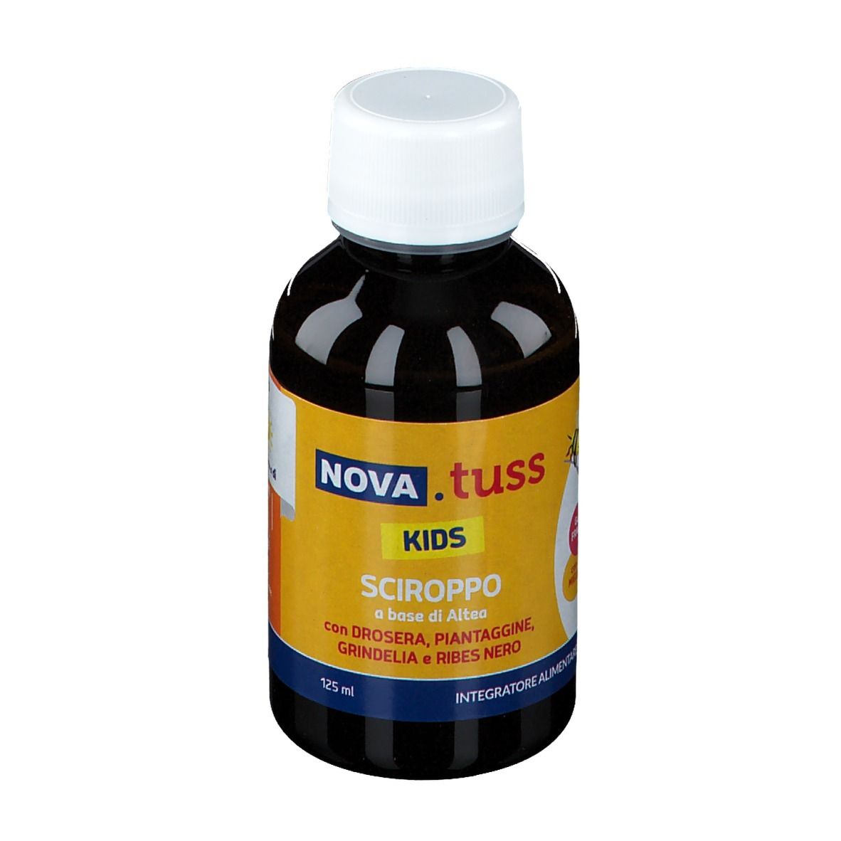 Braune Flasche NOVA.TUSS Kids Hustensaft. Weißer Deckel. Etikett mit Produktinformationen.
