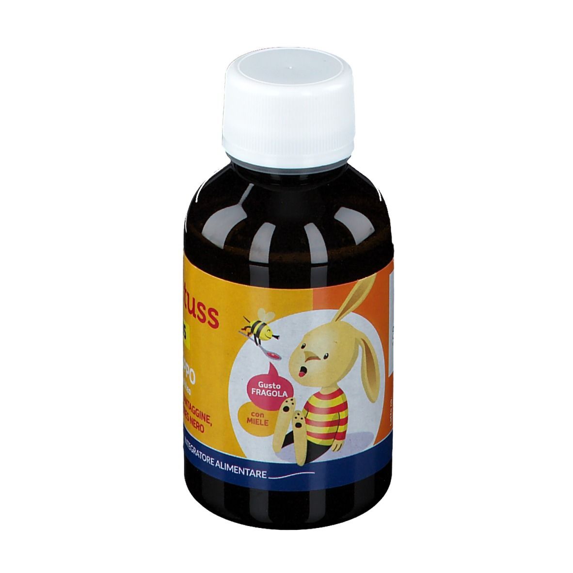 Braune Flasche NOVA.TUSS Kids Hustensaft. Weißer Deckel. Etikett mit Produktinformationen.