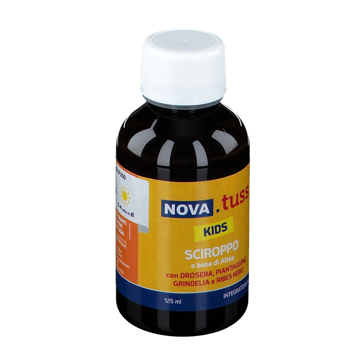 Braune Flasche NOVA.TUSS Kids Hustensaft. Weißer Deckel. Etikett mit Produktinformationen.