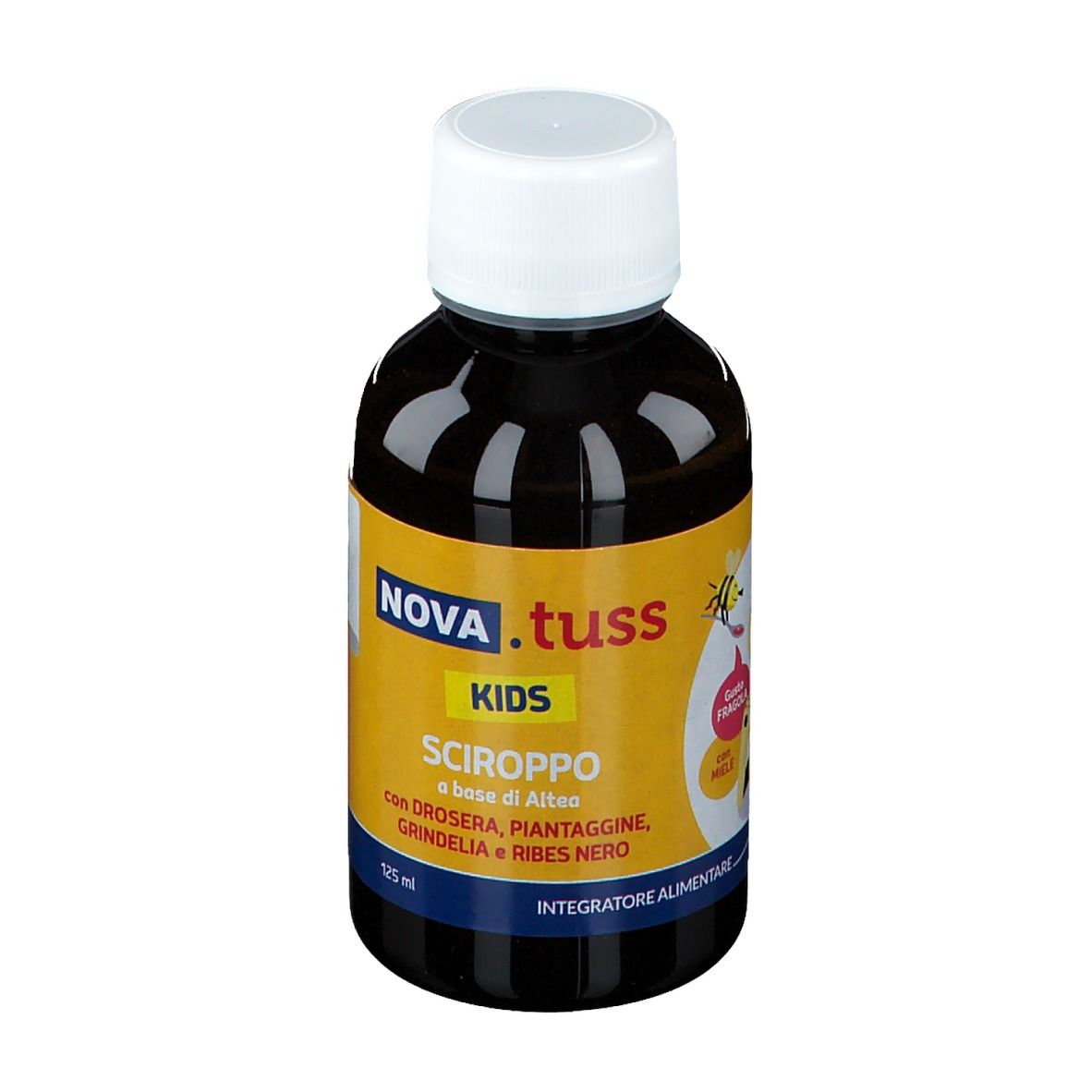 Braune Flasche NOVA.TUSS Kids Hustensaft. Weißer Deckel. Etikett mit Produktinformationen.
