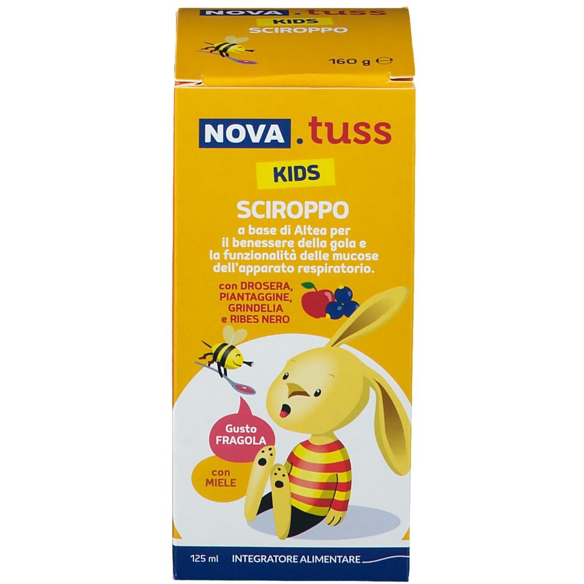 NOVA.TUSS Kids Hustensaft Schachtel. Enthält ein Cartoon-Kaninchen und Produktinformationen.