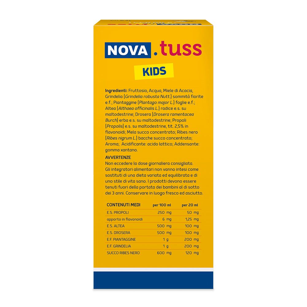 Rückseite der gelben NOVA.TUSS Kids-Schachtel. Enthält Inhaltsstoffe und Nährwertangaben.