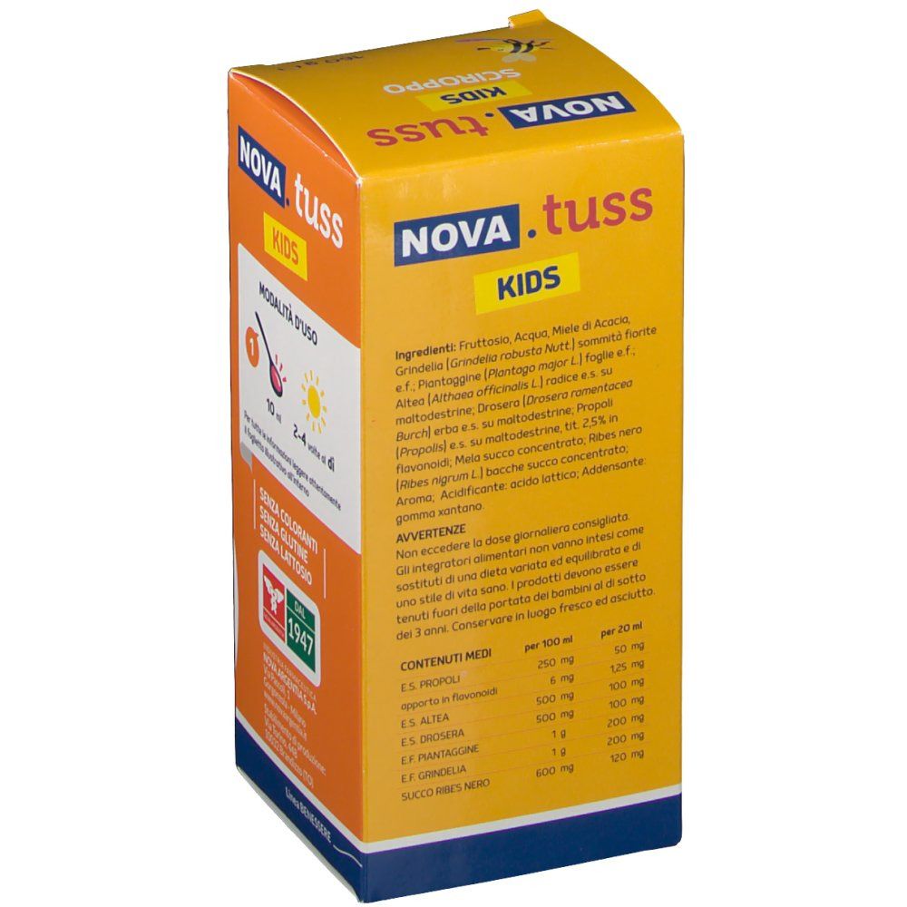 Seite der gelben NOVA.TUSS Kids-Schachtel. Enthält Dosierungsanweisungen und Produktinformationen.