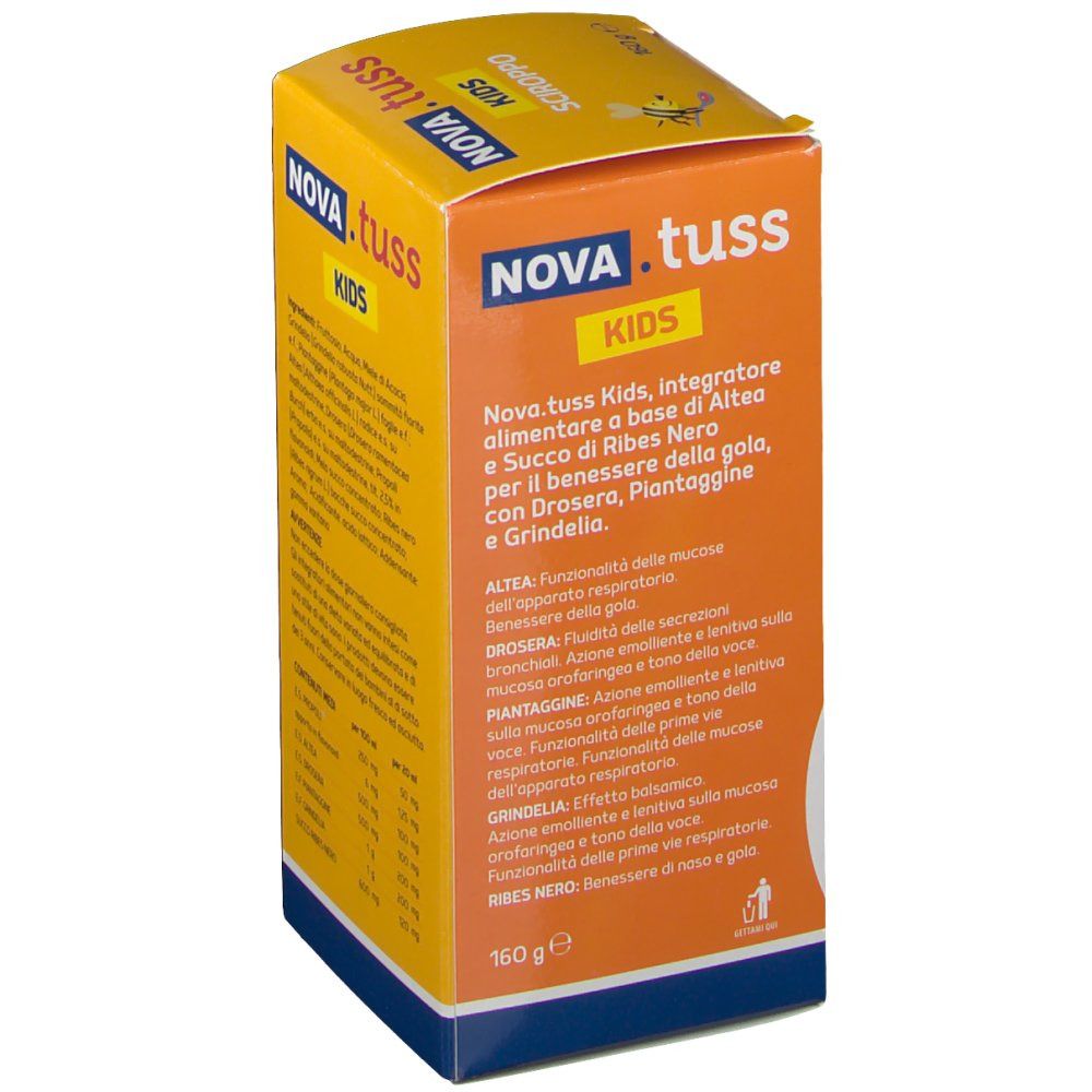 Seite der gelben NOVA.TUSS Kids-Schachtel. Enthält Produktinformationen und Inhaltsstoffe.