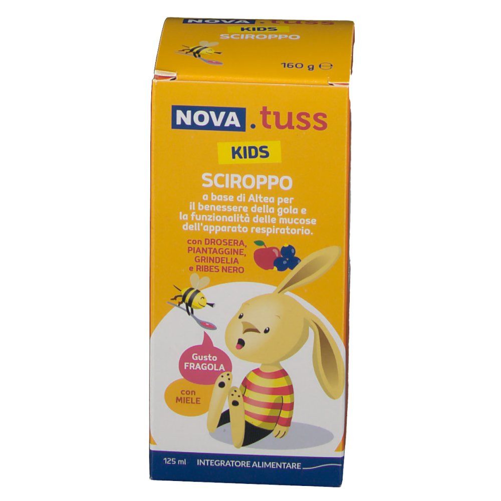 Gelbe Schachtel mit NOVA.TUSS Kids Hustensaft. Enthält ein Cartoon-Kaninchen und Produktinformationen.