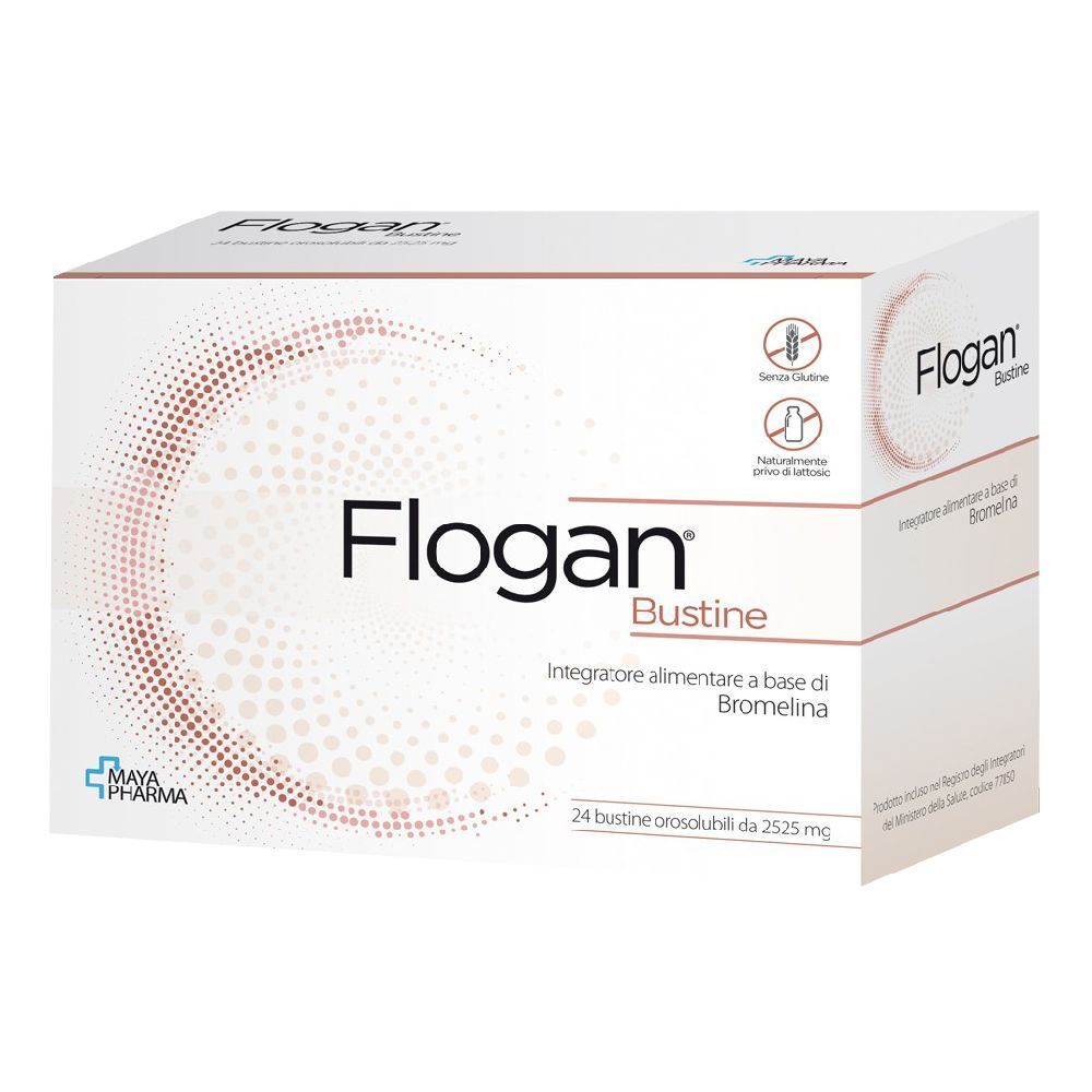 Verpackung von Flogan Bustine. Aufschrift: Flogan, Bustine, 24 oro-lösliche Beutel. Marke Maya Pharma.