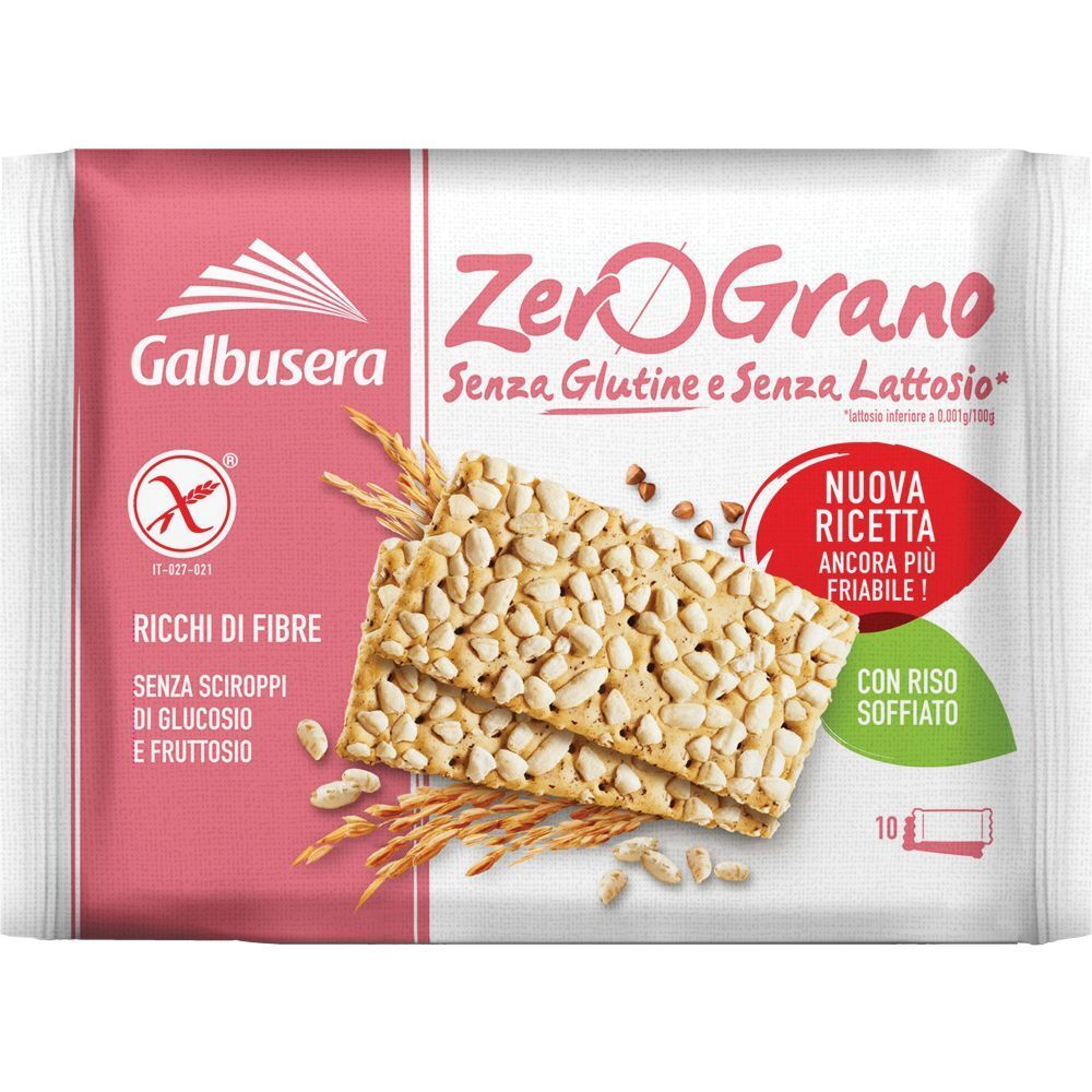 Verpackung mit Crackern. Aufschrift: ZeroGrano, glutenfrei, laktosefrei. Produkt mit Reis. Glutenfrei-Symbol.