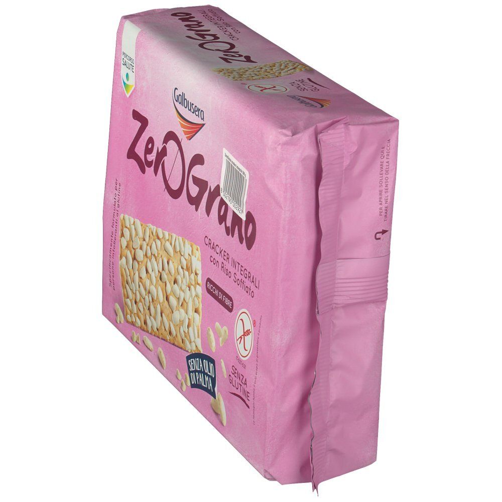 Verpackung von ZeroGrano Crackern. Rosa Verpackung. Aufschrift: ZeroGrano, Cracker Integrale, senza glutine. Glutenfrei-Symbol.