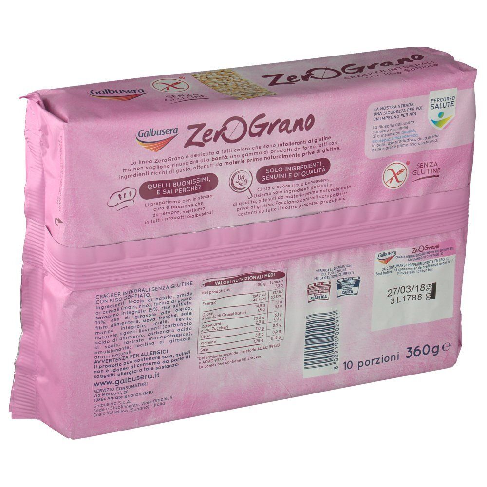 Rückseite der ZeroGrano Cracker-Verpackung. Rosa Verpackung. Nährwertangaben, Haltbarkeitsdatum, 10 Portionen, 360g.