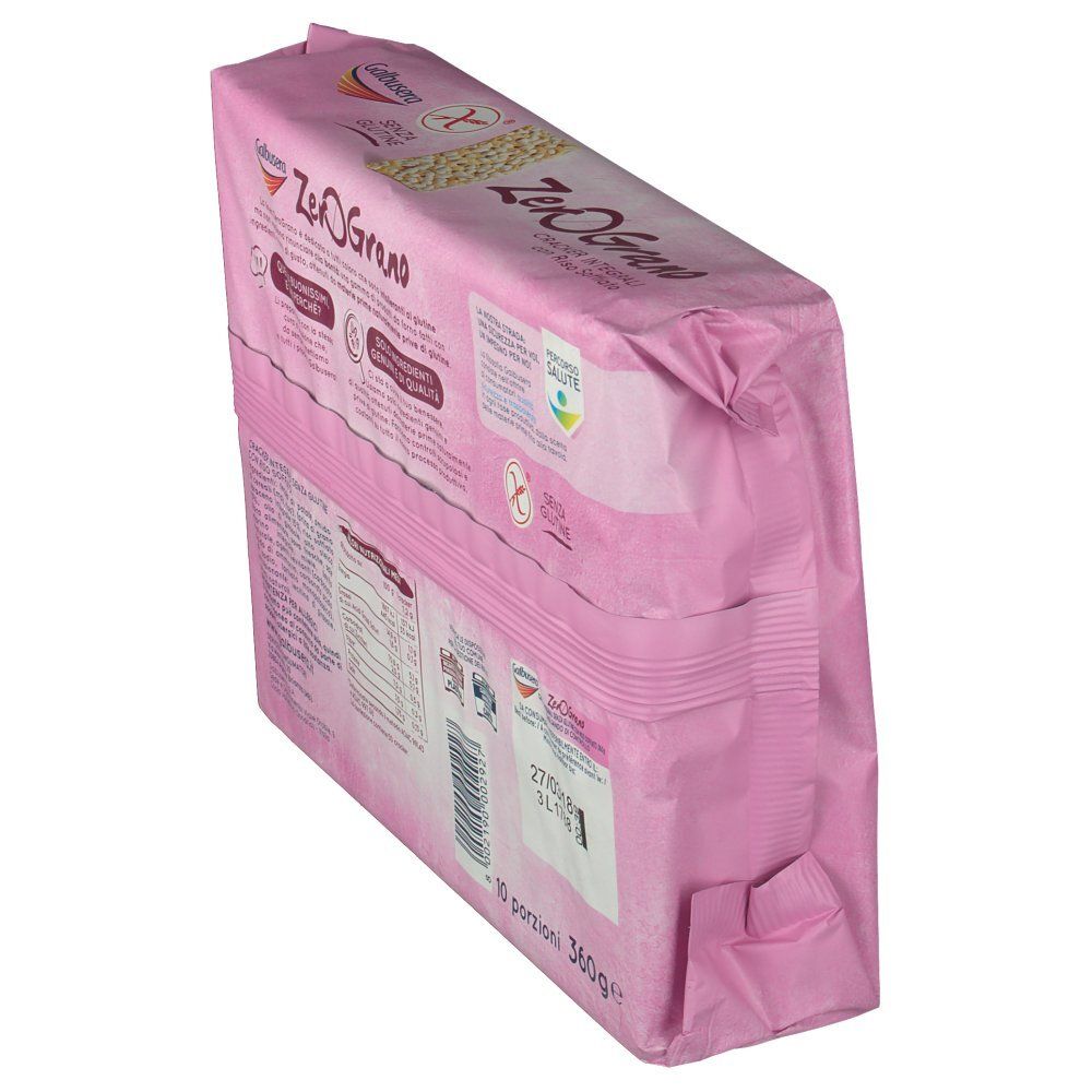 ZeroGrano Cracker-Verpackung. Rosa Verpackung. Aufschrift: ZeroGrano. Nährwertangaben, Haltbarkeitsdatum, 10 Portionen, 360g.